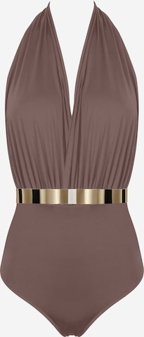 SEA ME SWIM High neck Swimsuit 'ST. TROPEZ Gold Edition' in Brown: front