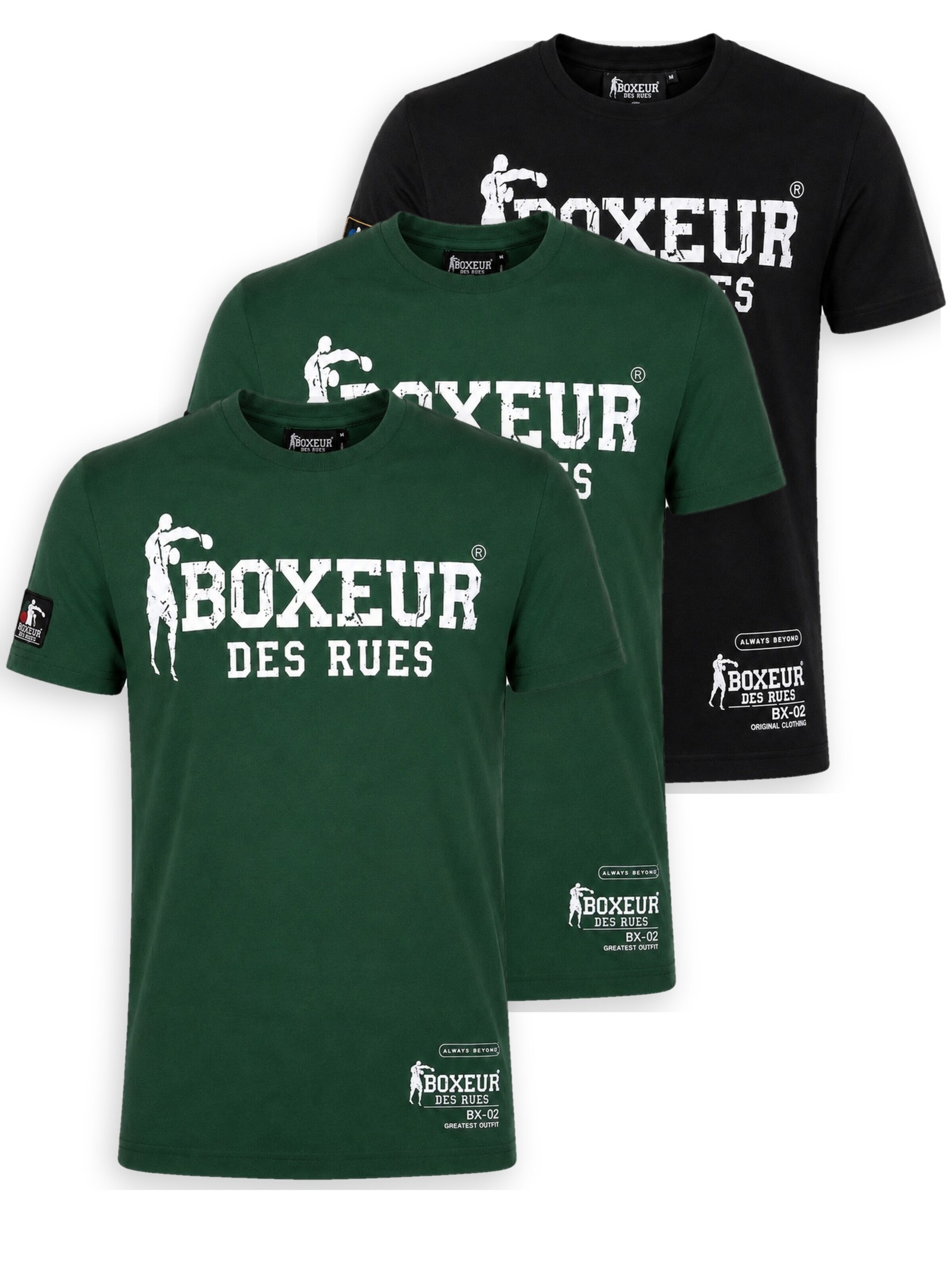 Boxeur des Rues Shirt 'Herren T-Shirt 3er-Pack Boxeur des Rues Slim Fit: Schwarz, Weißes Logo + 2 x Dunkelgrün, Weißes Logo'‌‌‌‌‌‌ in M/Regular in mischfarben, Produktansicht