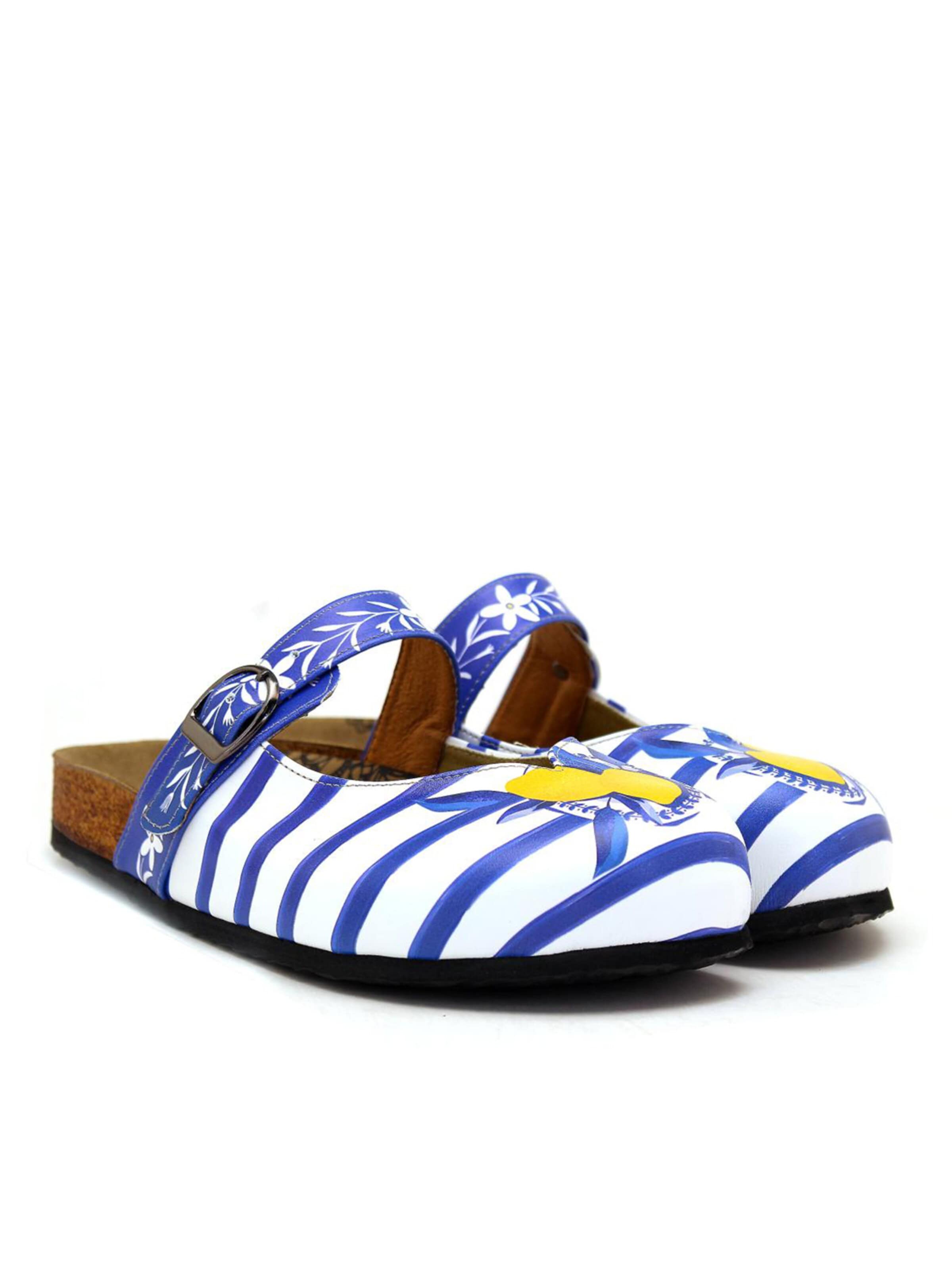 Goby Clogs 'Women Calceo White Clogs WCAL2215 with blue stripes and lemons' in Blauw