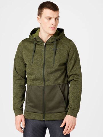 NIKE Sports sweat jacket 'Therma' in Green: front