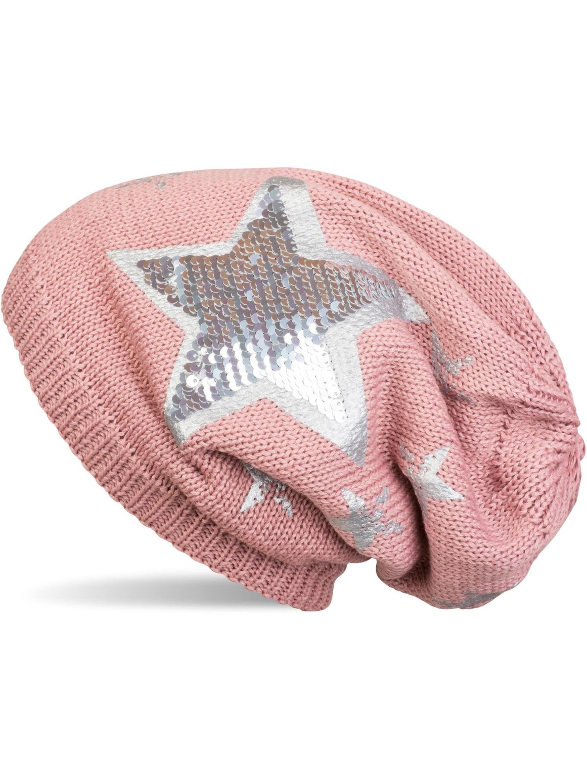 styleBREAKER Mütze 'Strick Beanie mit Pailletten Stern Print'‌‌‌‌‌‌‌‌‌‌ in Pink: Vorderseite