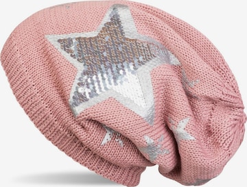 styleBREAKER Mütze 'Strick Beanie mit Pailletten Stern Print' in Pink: Vorderseite