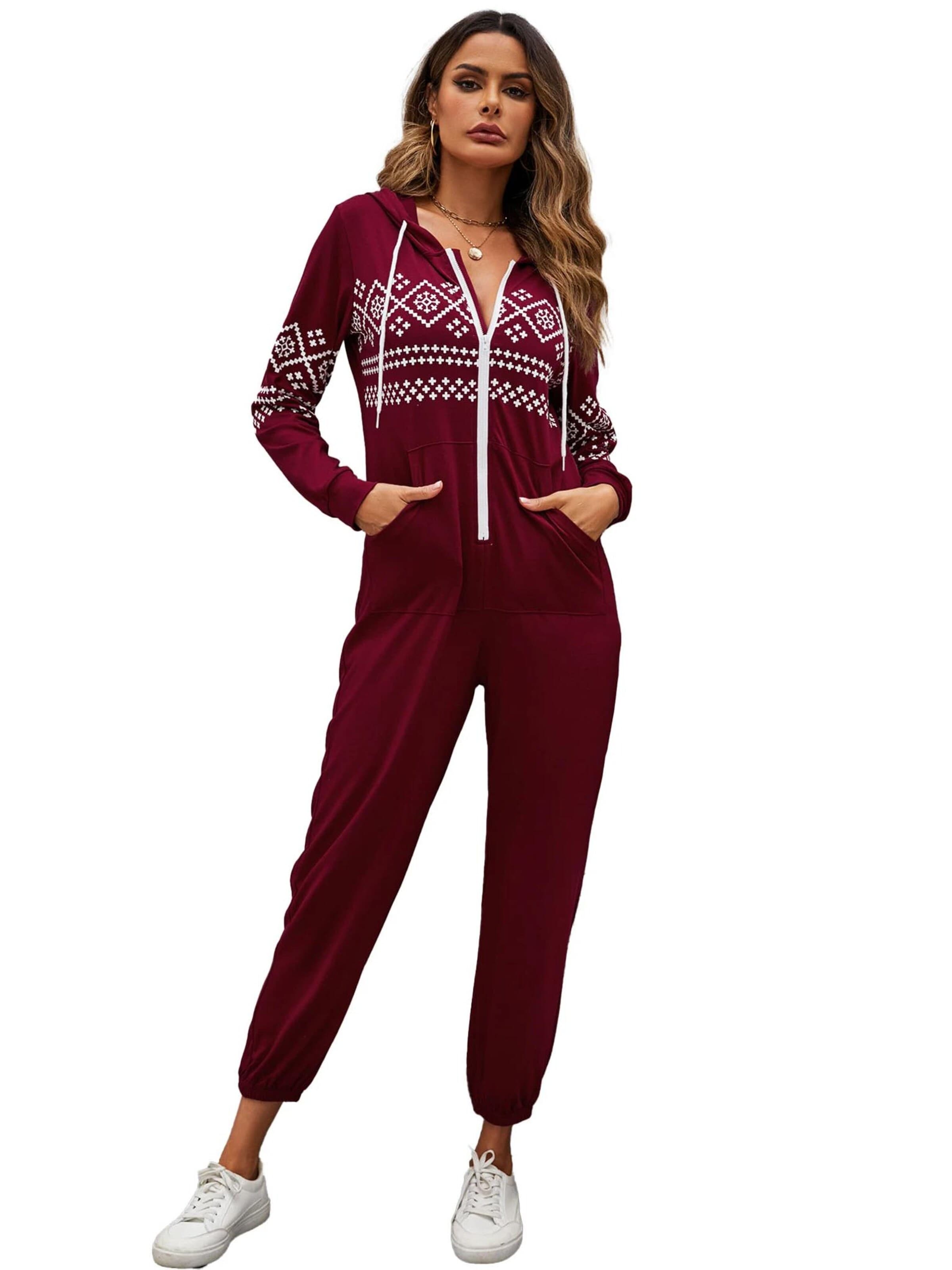 KoJooin Kombinezon 'Damen Overall mit Print, Kapuze, Kordelzug, langen Ärmeln und Taschen Bequemer Freizeit Jumpsuit' w kolorze czerwony