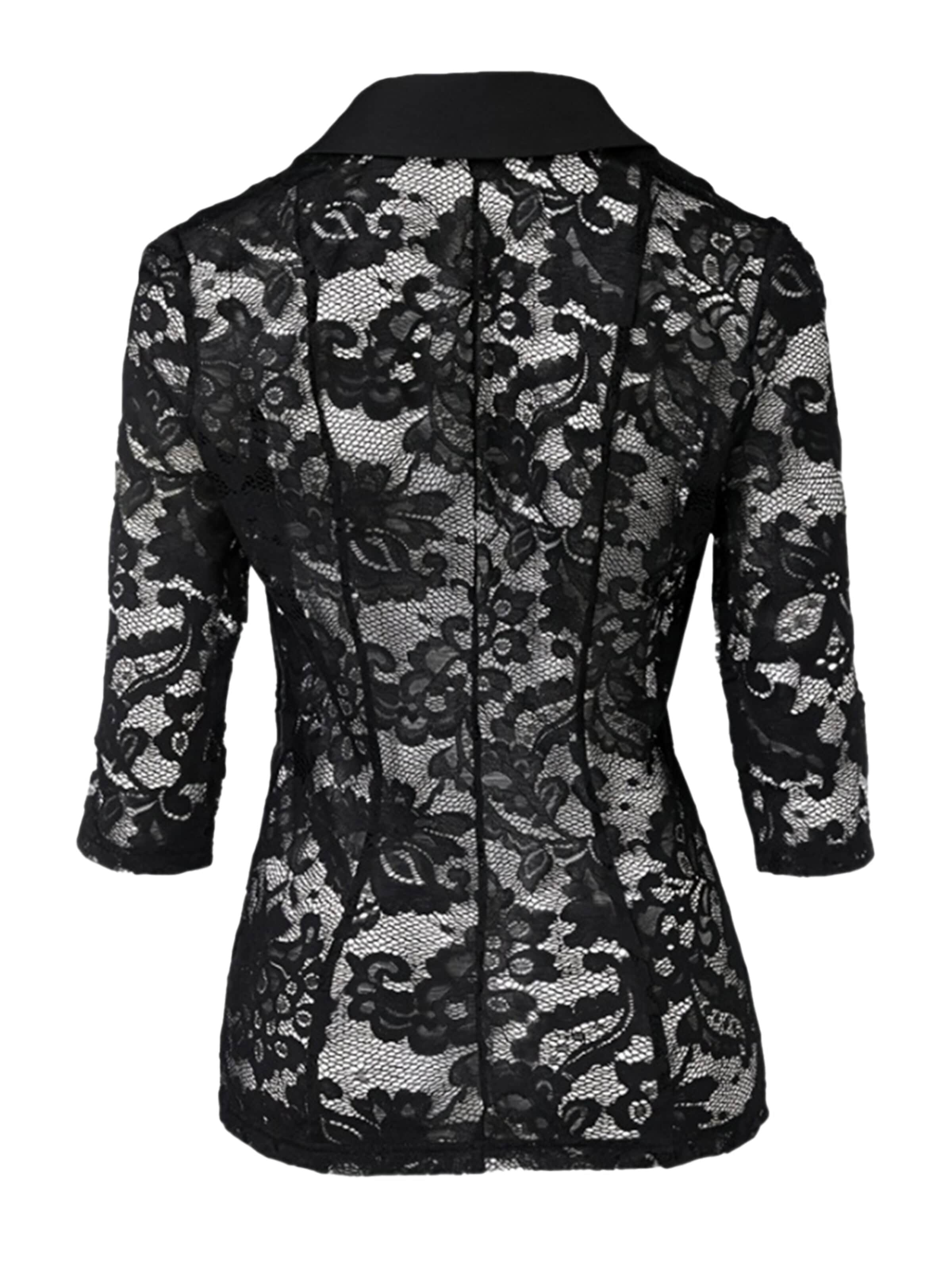 KoJooin Blazer 'Damen Blazer mit Spitzenbesatz, Cut-Out-Details und 3/4-Ärmeln – Einreihiges Jackett mit Knopf' in Black