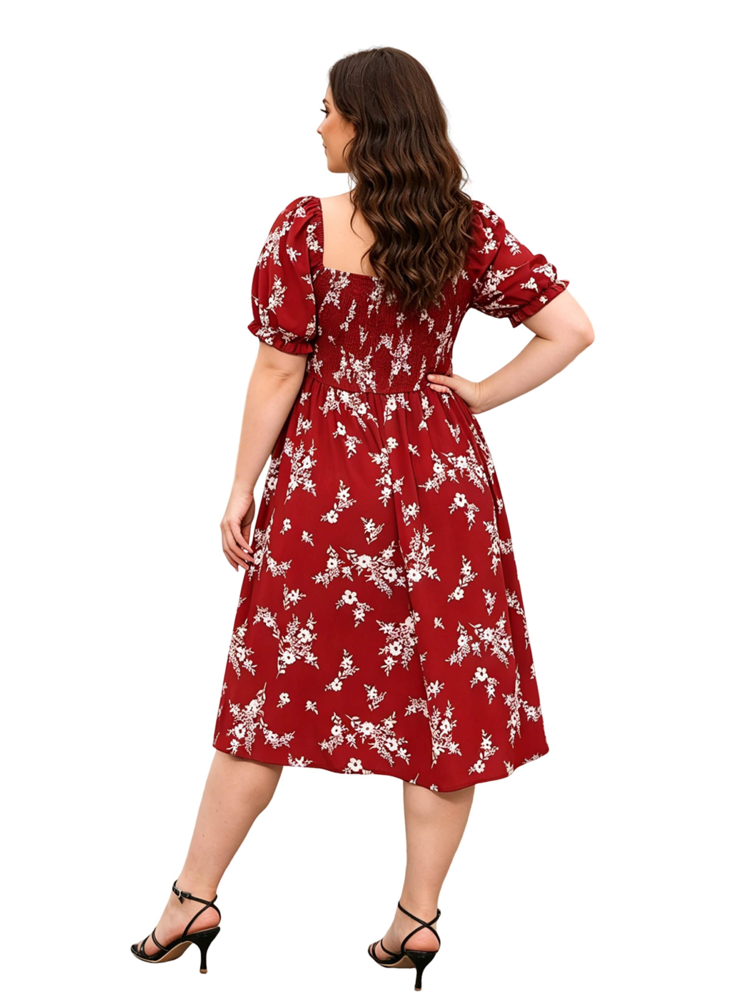KoJooin Sukienka 'Große Größen Sommer Kleid Blumenprint Midi Puffärmel Freizeit Standkleid' w kolorze czerwony