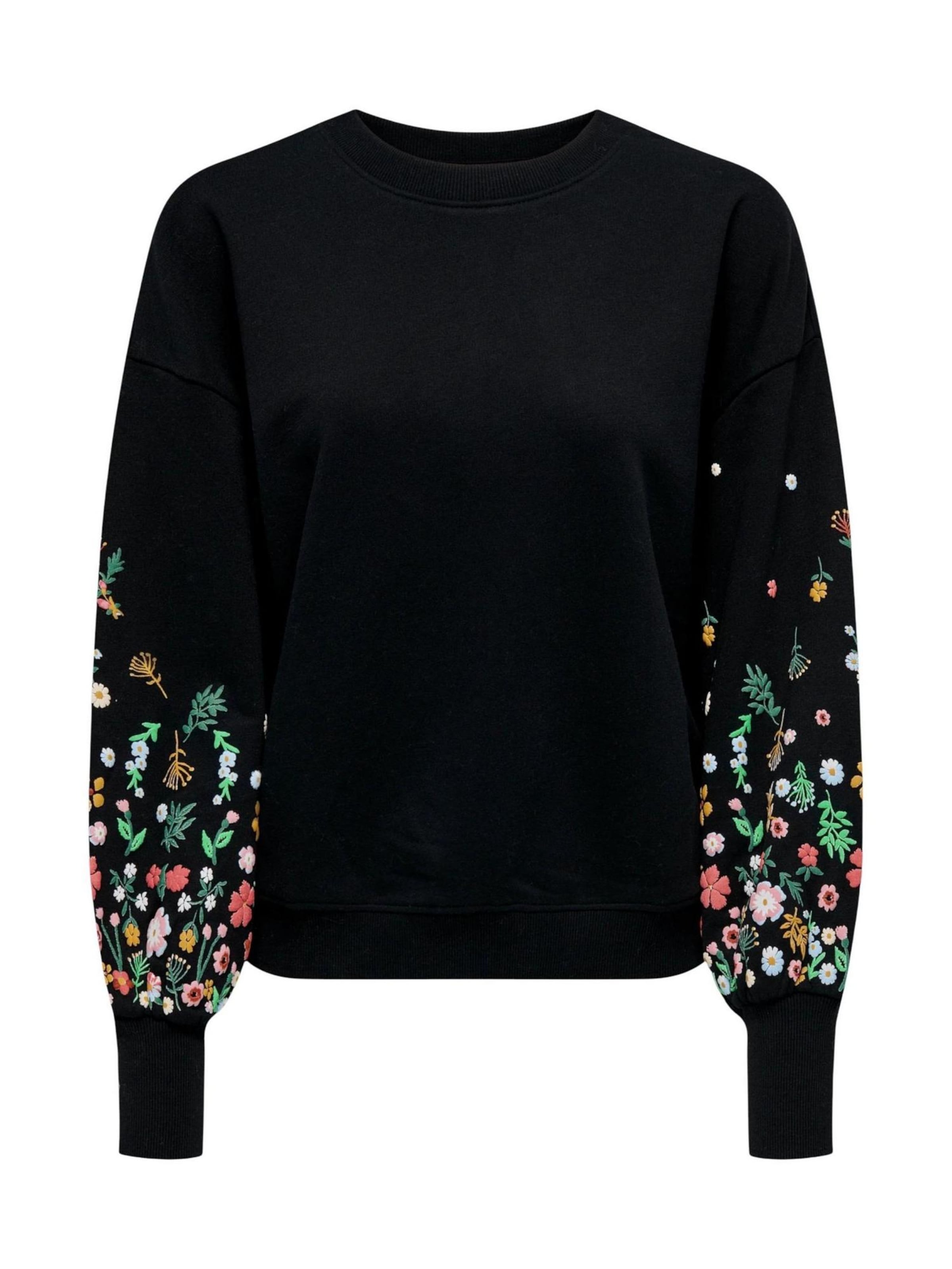 Felpa 'ONLBROOKE L/S O-NECK FLOWER SWT NOOS 15216364' di ONLY in nero: frontale