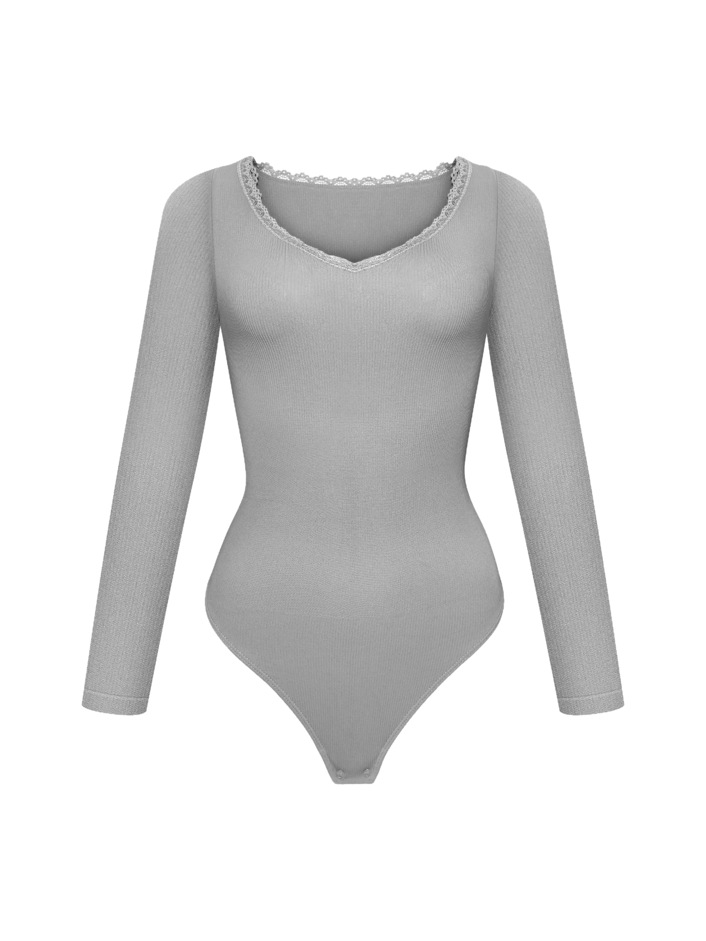 cfab Body 'Ribbed Longsleeve V-Neck Sculpting Lace Bodysuit with String' in Grijs: voorkant