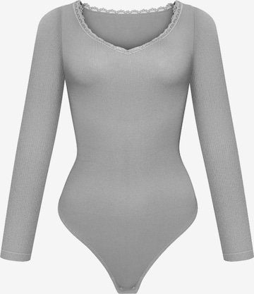 cfab Body 'Ribbed Longsleeve V-Neck Sculpting Lace Bodysuit with String' in Grijs: voorkant