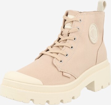 Palladium Lace-Up Ankle Boots in Beige: front