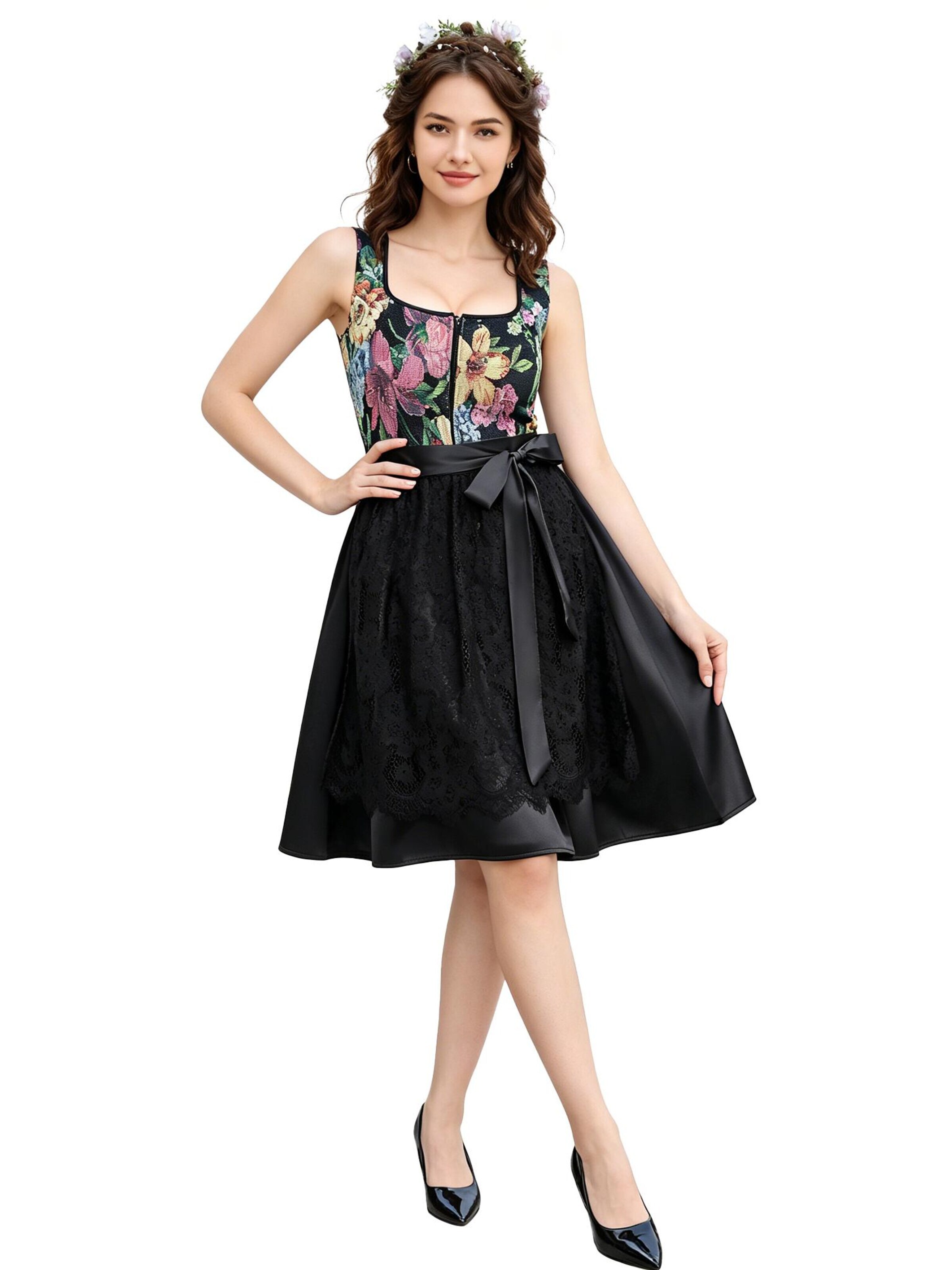 KoJooin Dirndl 'Damen 2-Teiliges Dirndl-Stil Set Mit Jacquardkleid, Satinakzenten Und Schürze' w kolorze czarny