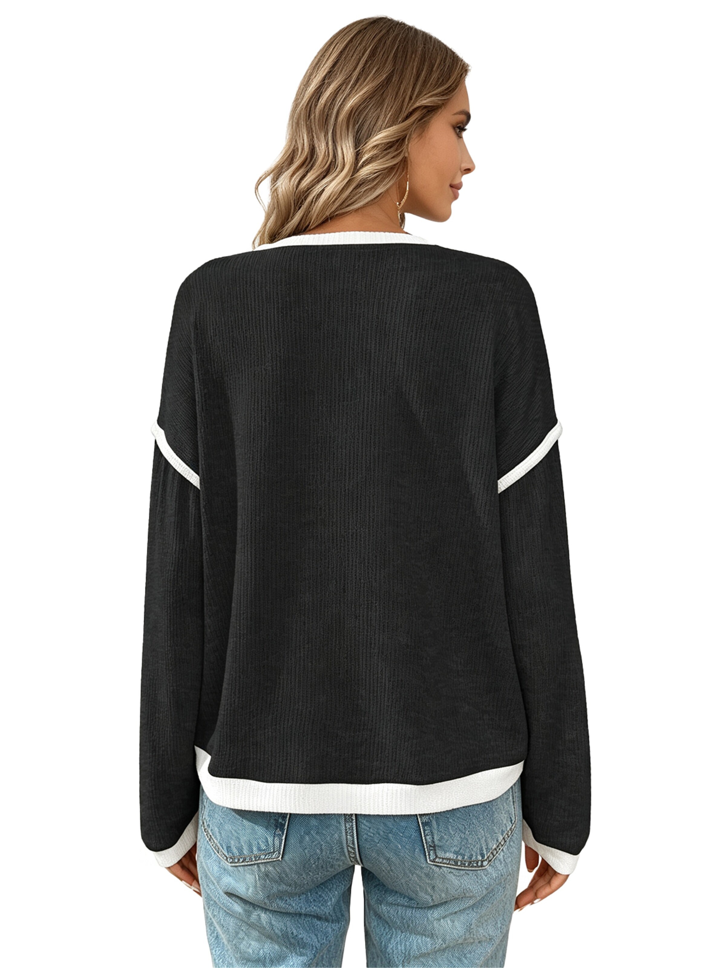 KoJooin Sweater 'Damen Rundhals Pullover mit Farbblock-Design Lässig Geschnittenes Langarmshirt für Alltag' in Black