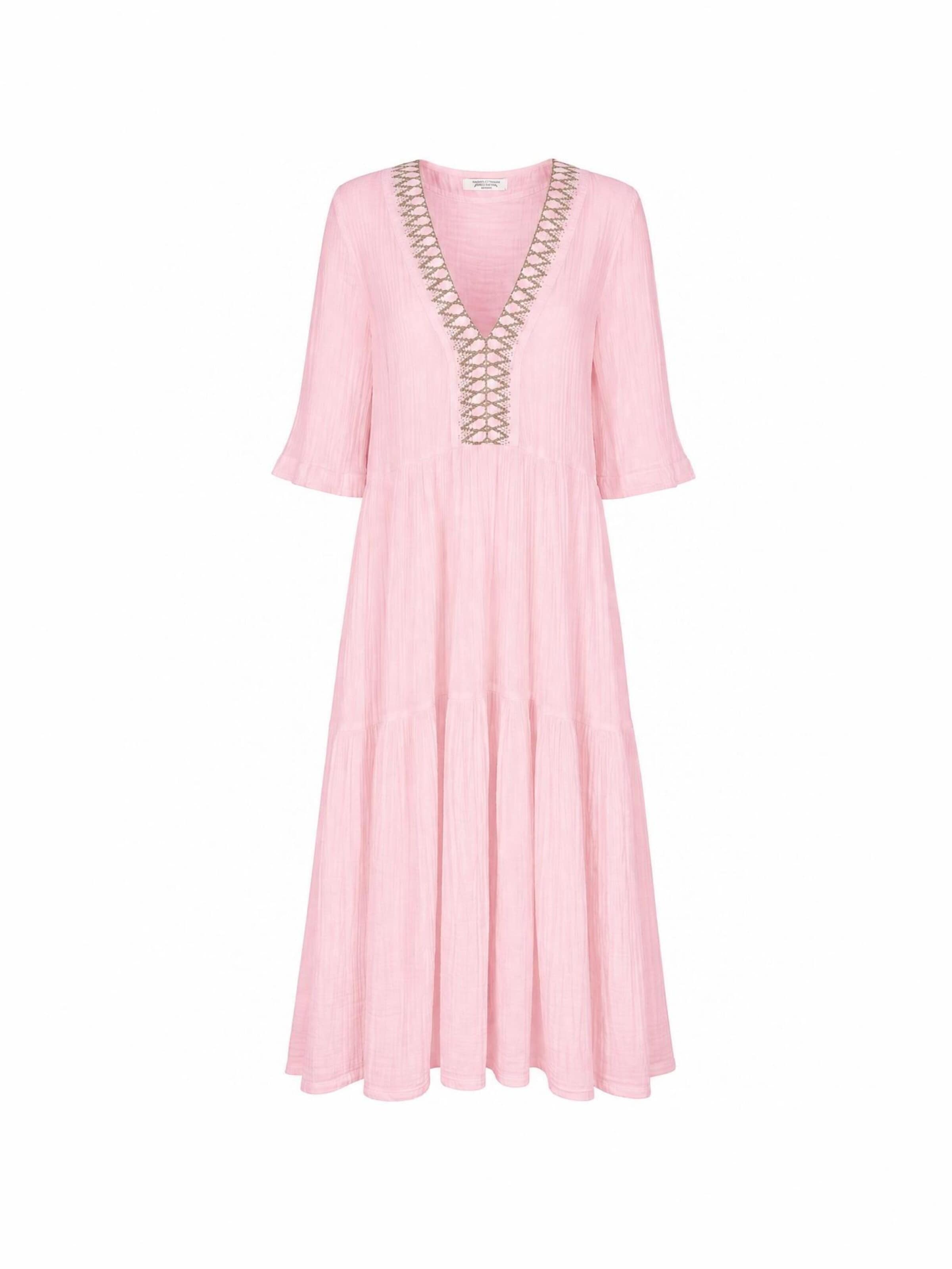 Haris Cotton Jurk 'Maxi Dress in Textured Cotton with Laced Trim V Neck' in Roze: voorkant