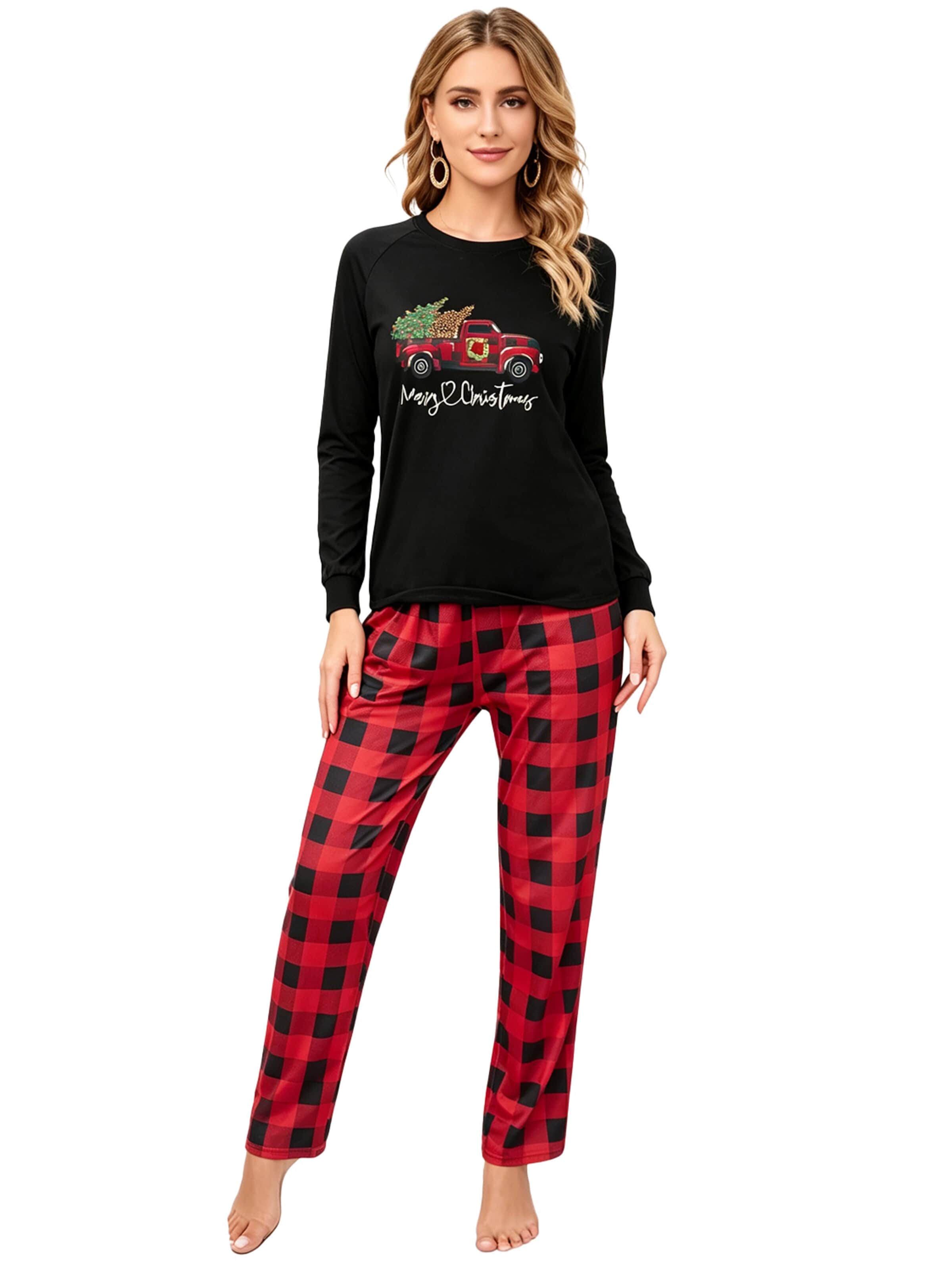 KoJooin Piżama 'Damen Weihnachts-Pyjama-Set im Karomuster Klassische,Langärmelige Loungewear zum Familien-Matching' w kolorze czerwony: przód