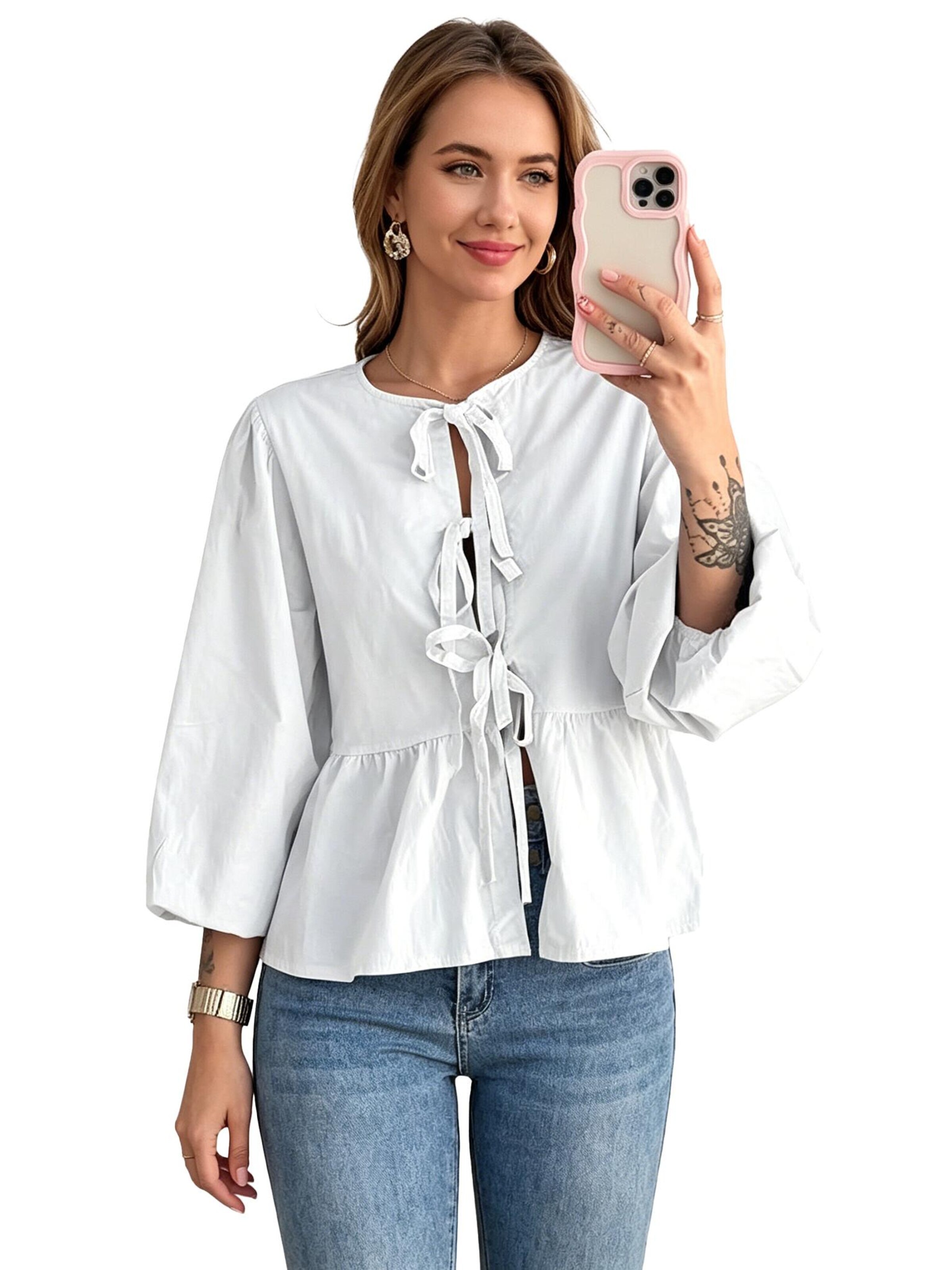 KoJooin Halenka 'Damen Babydoll-Bluse mit Schleifenbindung, Langarm & Rüschen – verspielt, luftig und feminin' – bílá