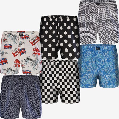 MG-1 6-Pack Web-Boxershorts ' Schlüpperparadies ' in blau / grau / schwarz / weiß, Produktansicht