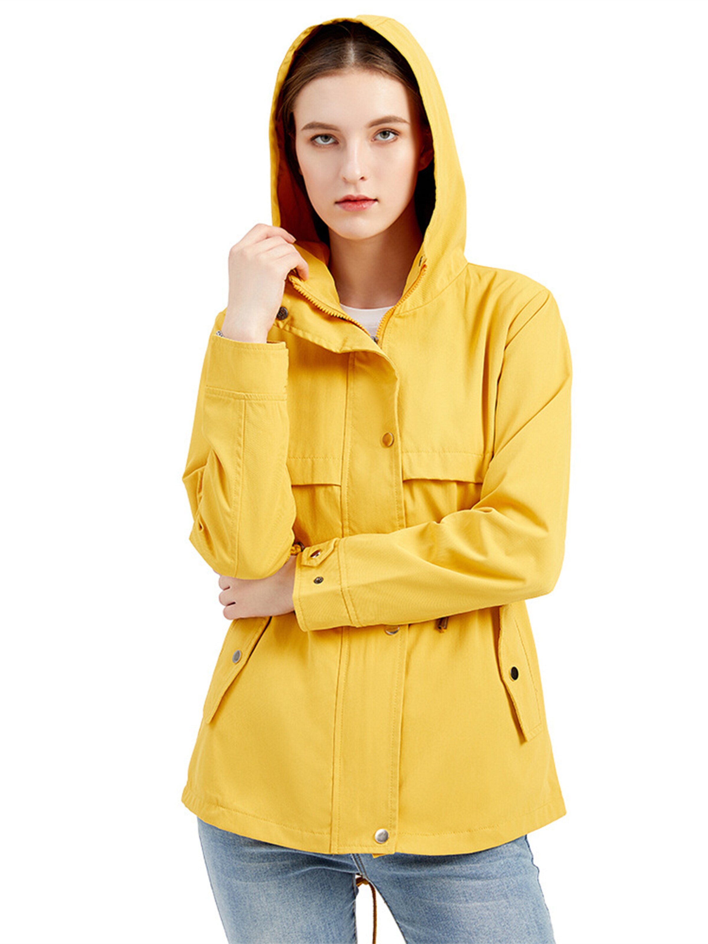 KoJooin Płaszcz funkcyjny 'Damen lange Kapuzen-Regenjacke mit Taille – Wasserdichter Windbreaker und Outdoor-Mantel für Schutz' w kolorze żółty