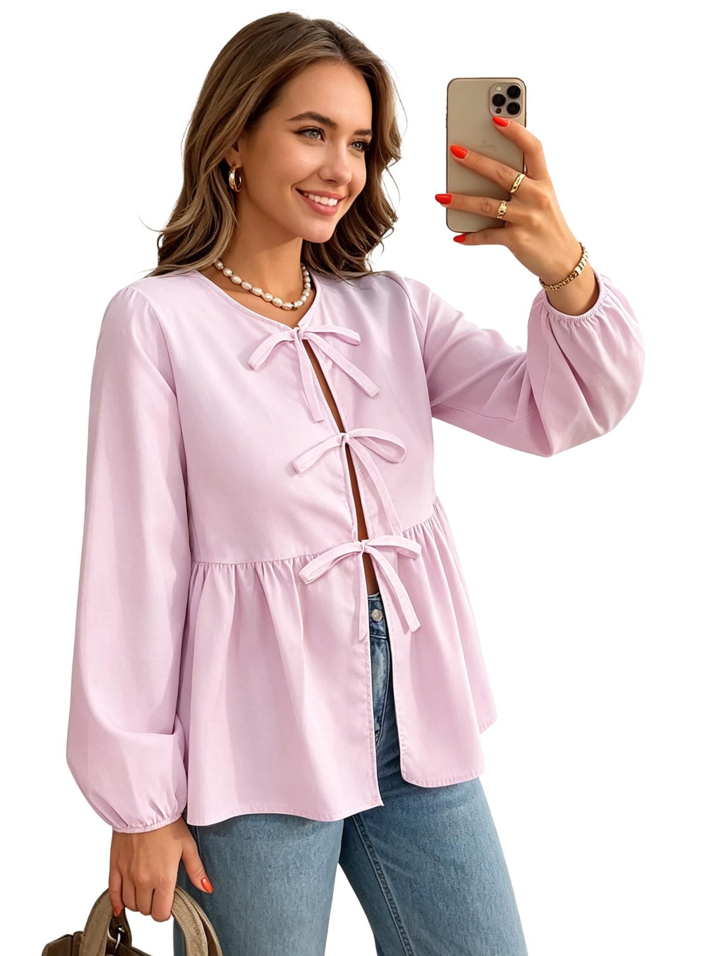 KoJooin Halenka 'Damen Babydoll-Bluse mit Schleifenbindung, Langarm & Rüschen – verspielt, luftig und feminin' – pink