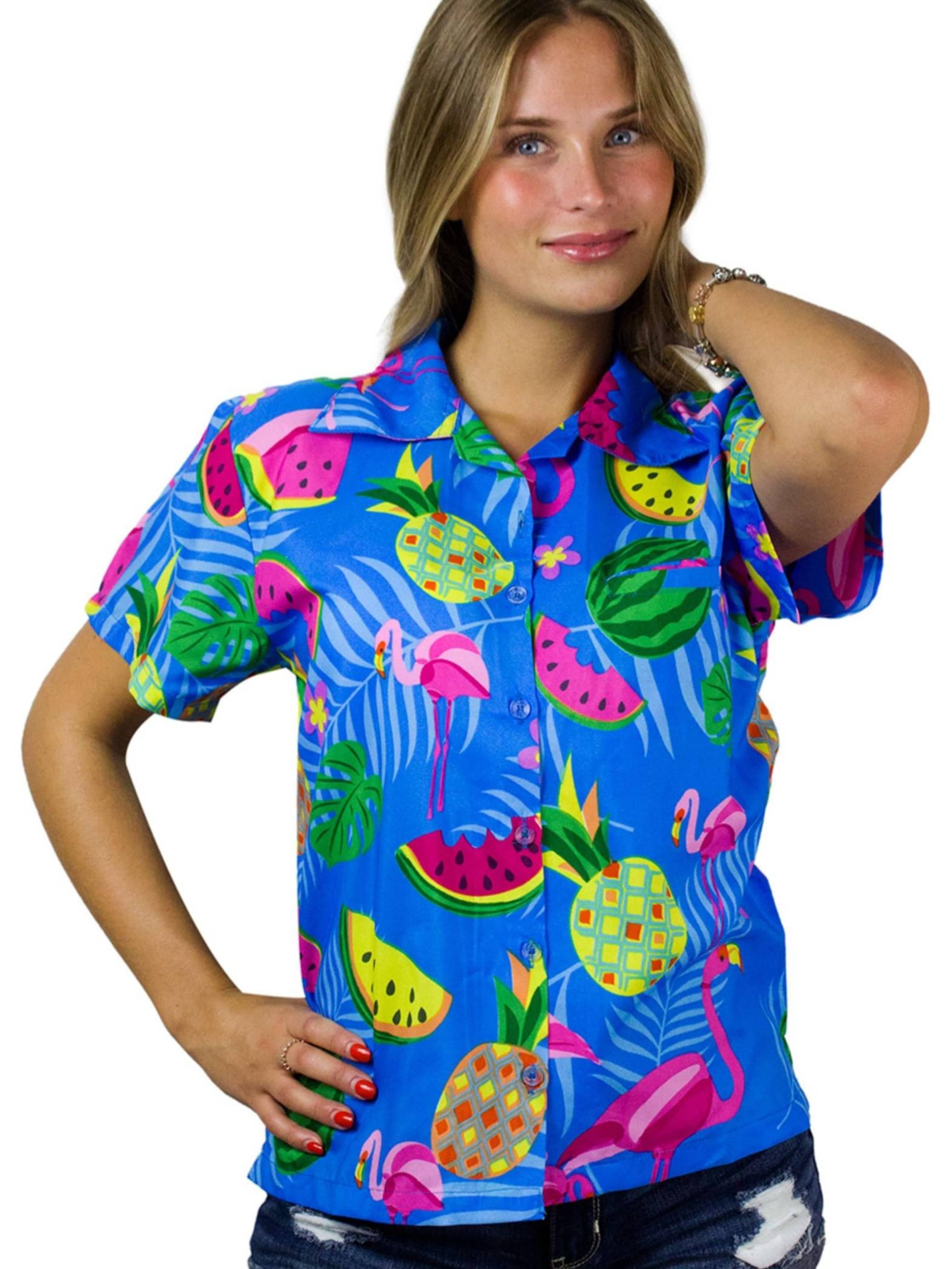 King Kameha Bluse 'Flamingo Melone'‌ in Blau: Vorderseite
