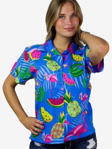King Kameha Bluse 'Flamingo Melone' in Blau: Vorderseite