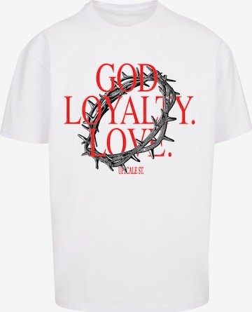 Maglietta 'God Loyalty Love' di MT Upscale in bianco: frontale