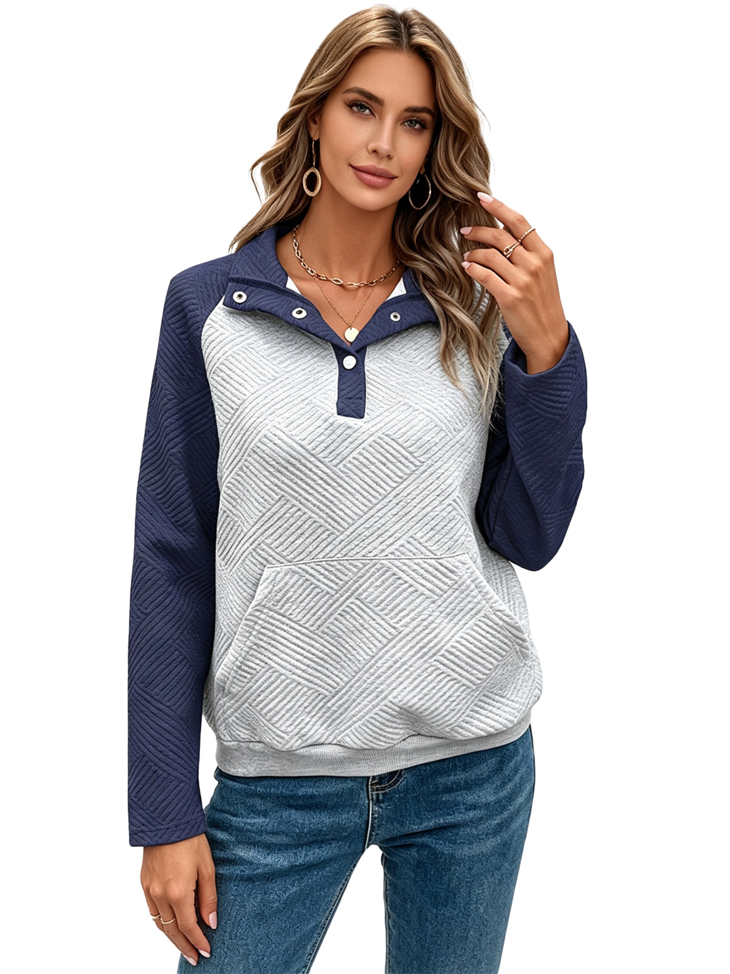 KoJooin Bluzka 'Damen Langarm Pullover mit Polo-Kragen im Colorblock-Design – Lässiger und schlichter Freizeitstyle' w kolorze niebieski