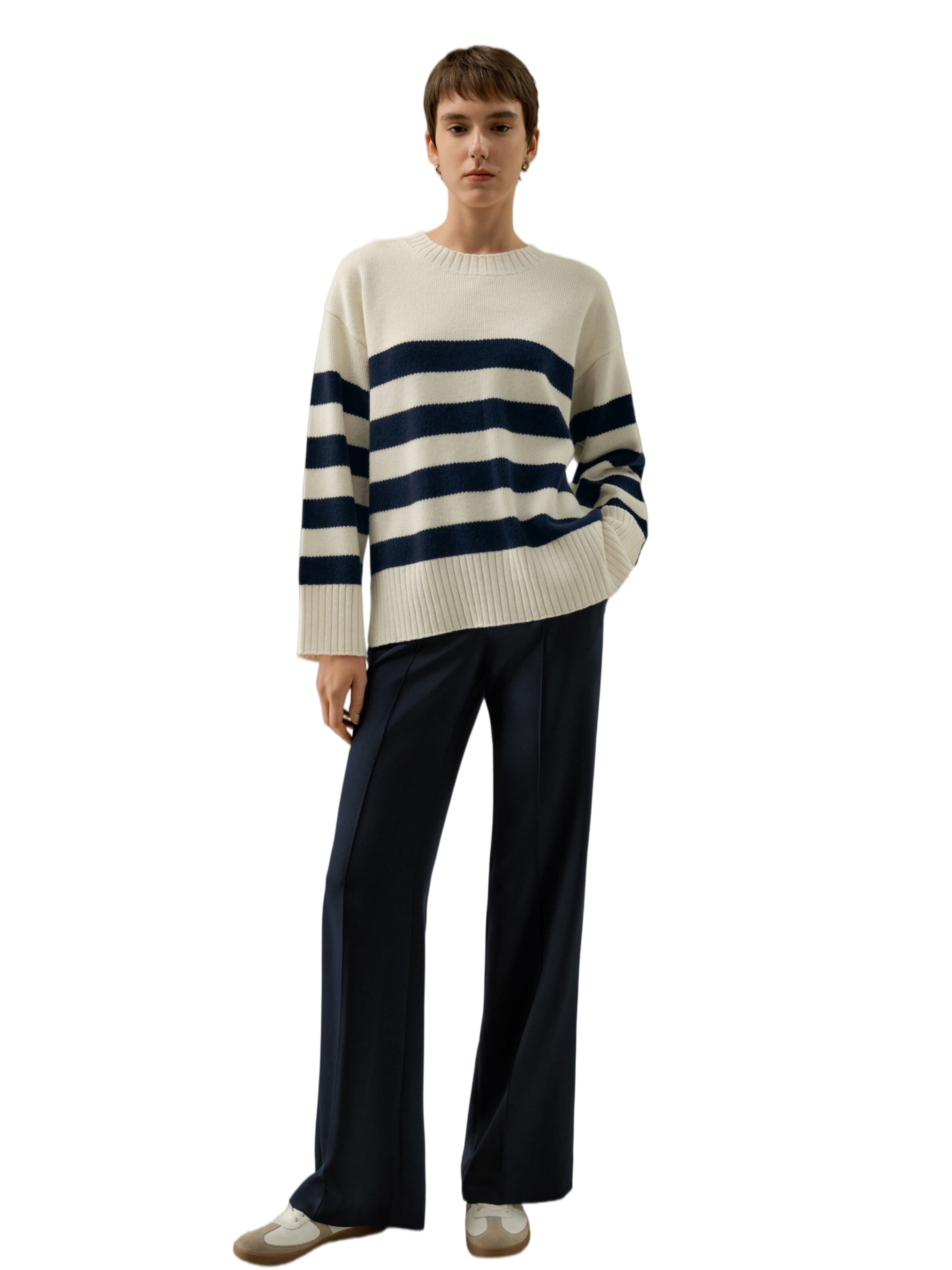 Lilysilk Pullover 'Wolle-Kaschmir Gestreifter Oversize Pullover'‌‌ in Weiß