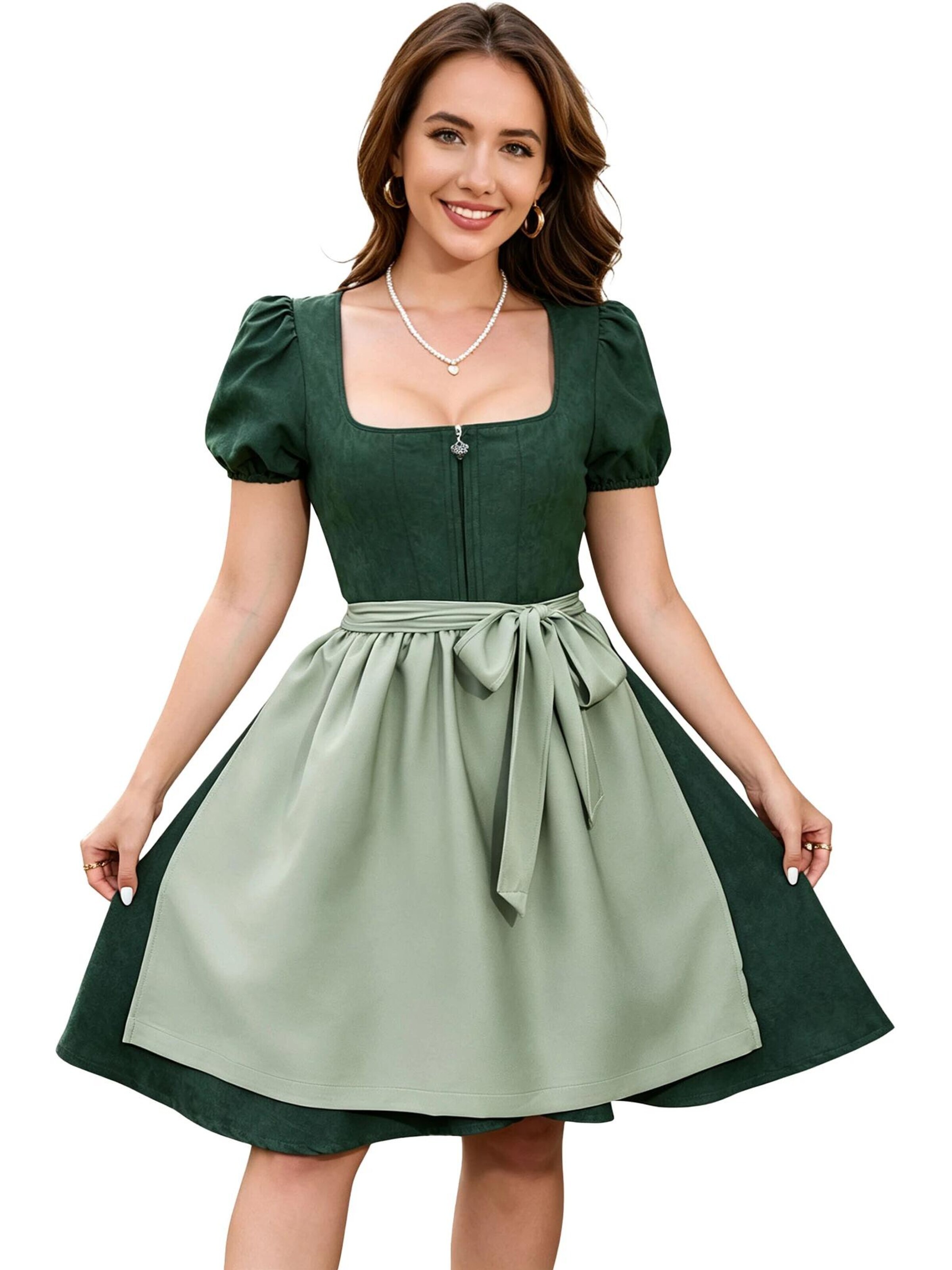 KoJooin Dirndl 'Damen Zweiteiliges Oktoberfest-Set Kunstleder-Optik Kleid mit verstellbarer Schürze Dirndl-Kleid' w kolorze zielony: przód