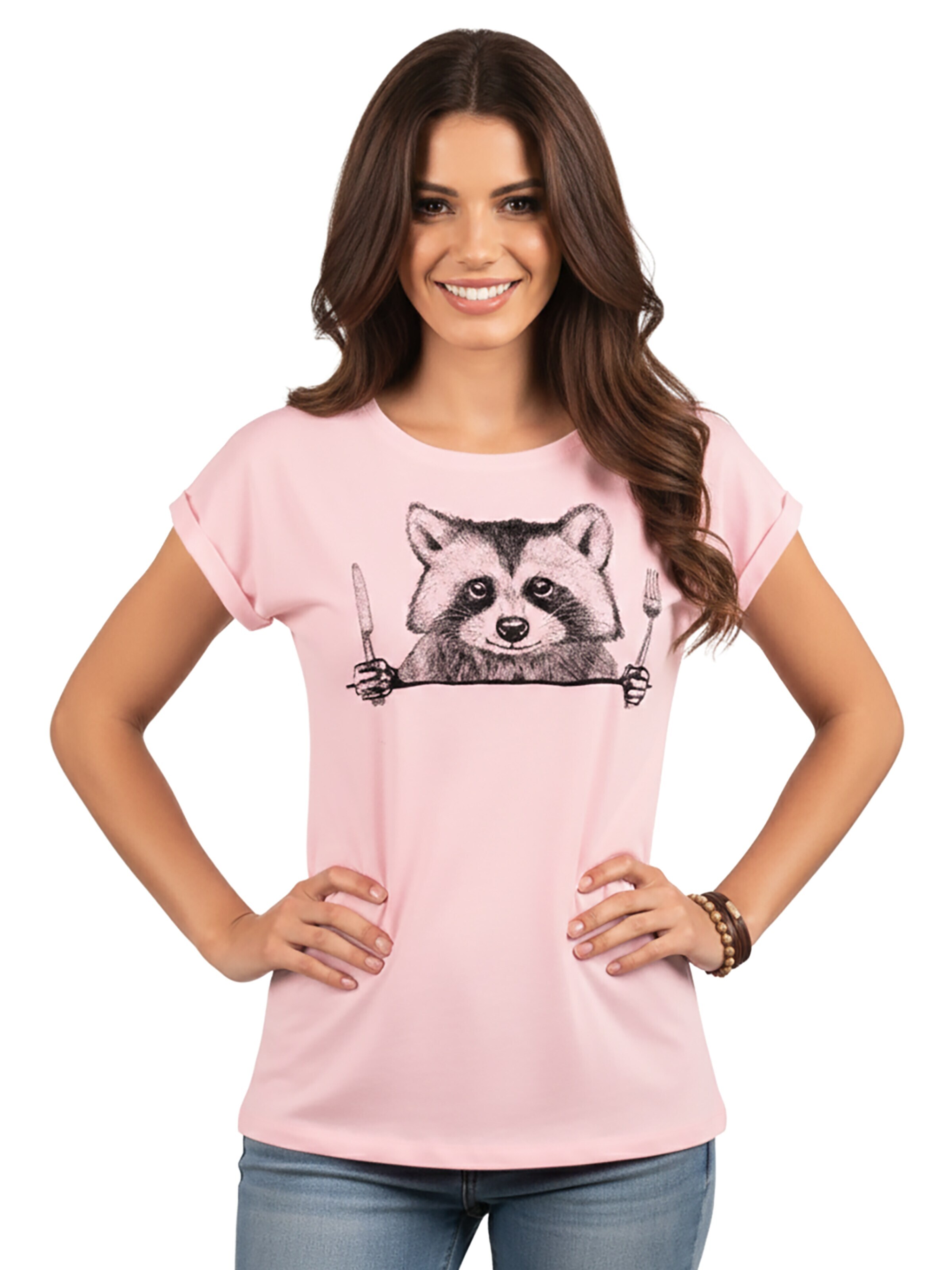 MAKAYA Shirt 'Waschbär Gabel' in Pink: front