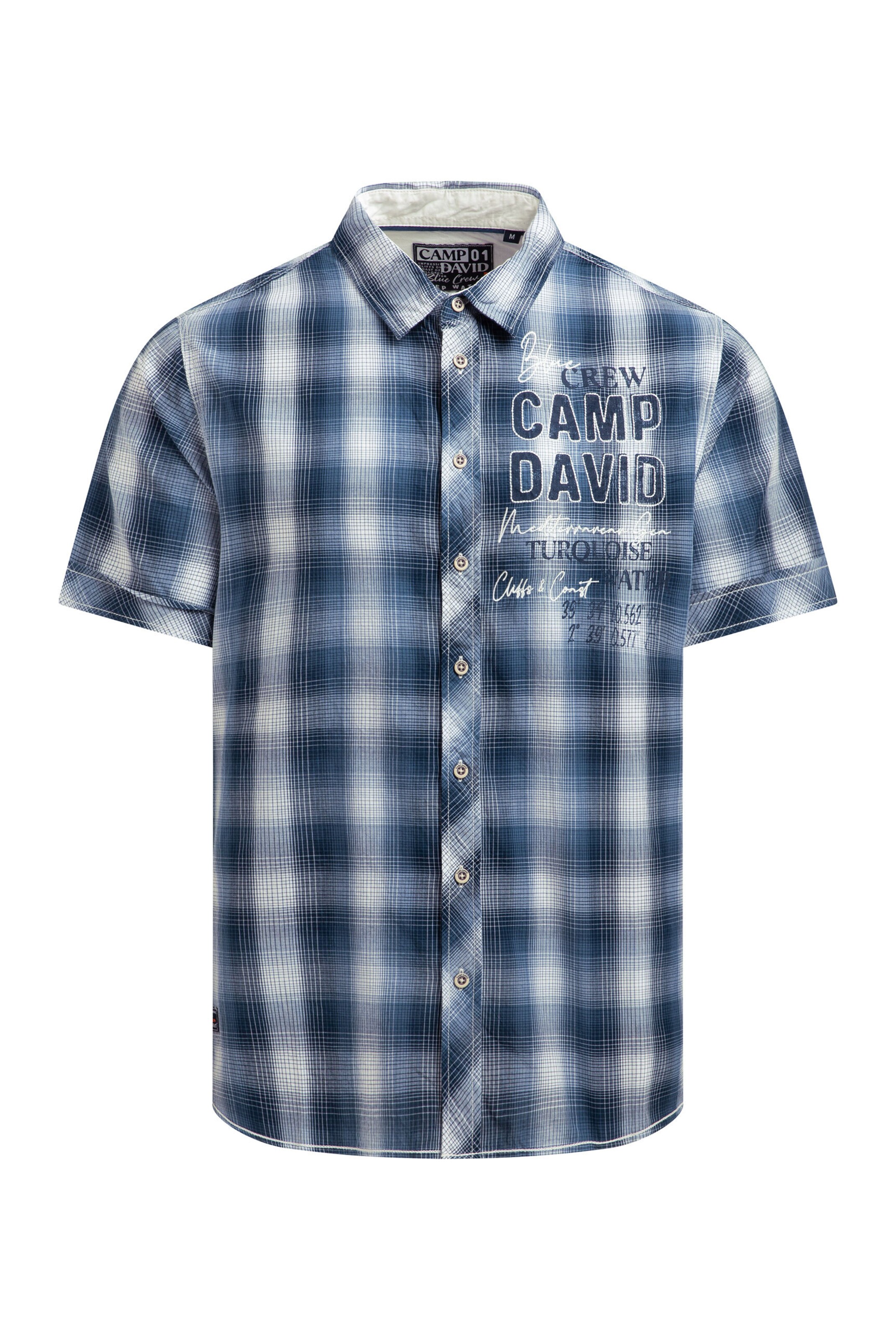 CAMP DAVID Regular Fit Karohemd Kurzarm mit Logo Print und Stickereien in Blau: Vorderseite