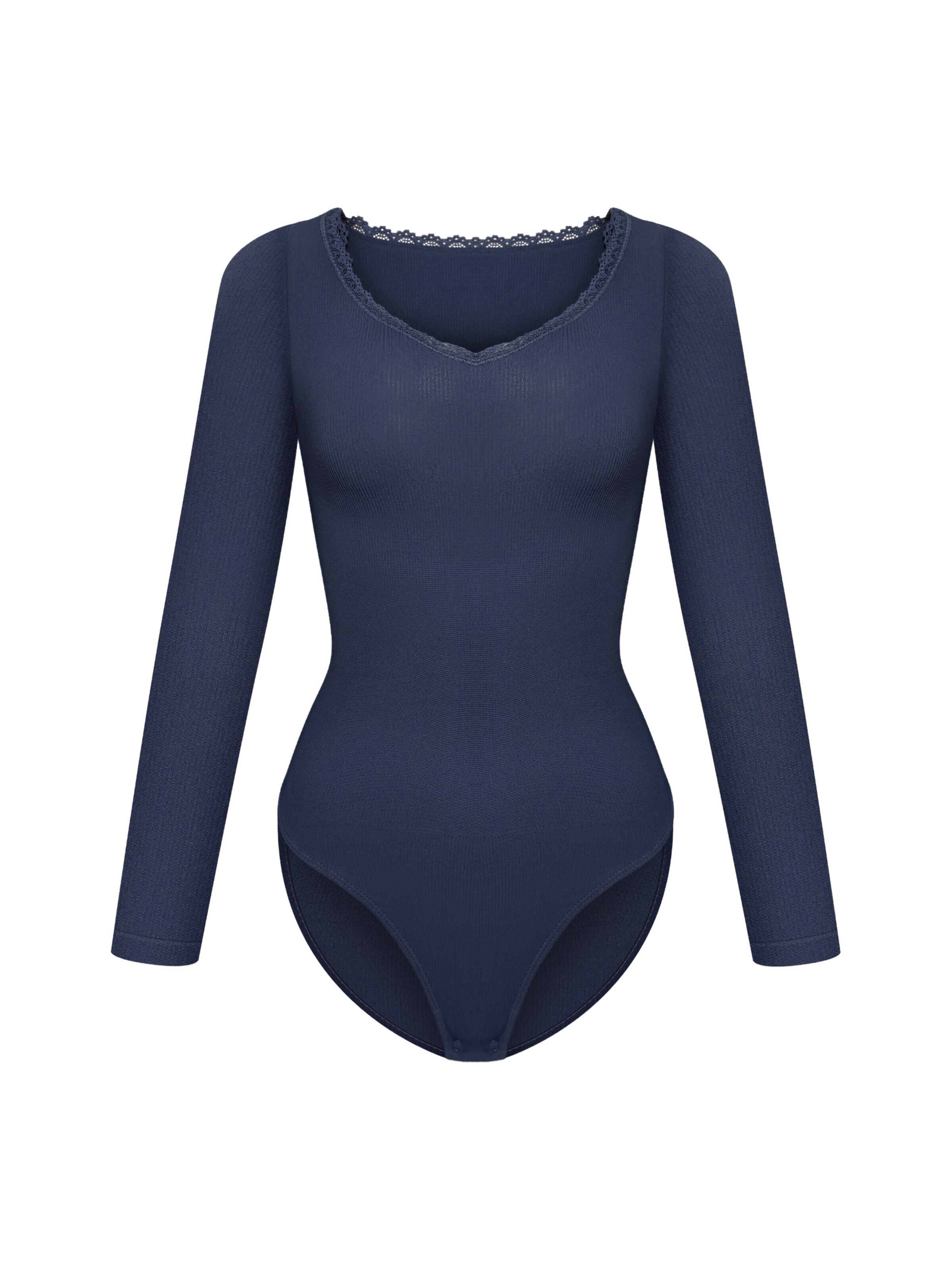cfab Body 'Ribbed Longsleeve V-Neck Sculpting Lace Bodysuit with Slip' in Blauw: voorkant