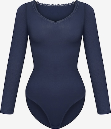 cfab Body 'Ribbed Longsleeve V-Neck Sculpting Lace Bodysuit with Slip' in Blauw: voorkant
