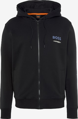 BOSS Orange Zip-Up Hoodie in Black: front