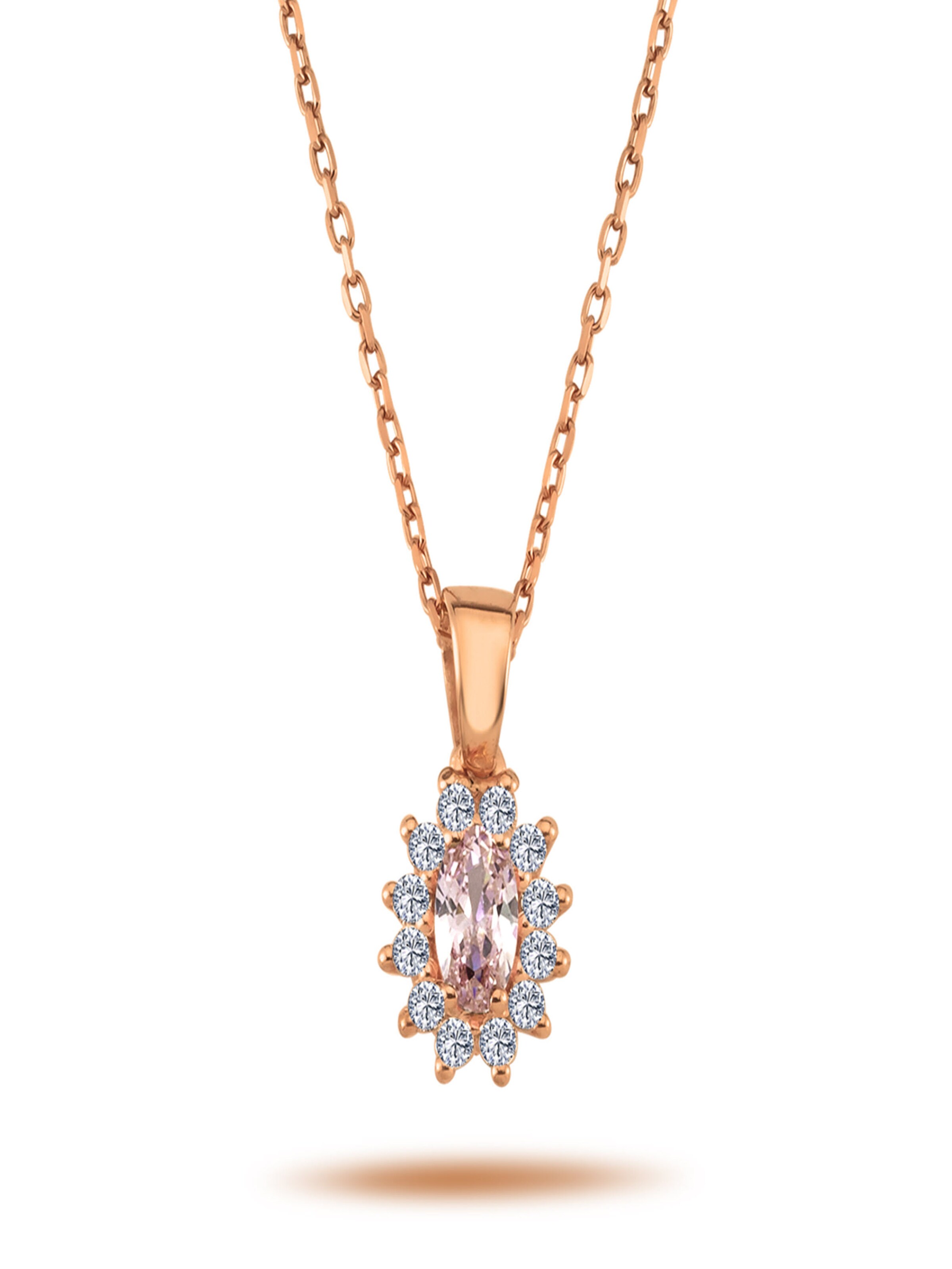 EinStein Diamant Necklace 'Halskette mit Vintage Style Anhänger ovaler Morganit und Brillianten in 14 Karat Rotgold Rosegold' in Gold: front