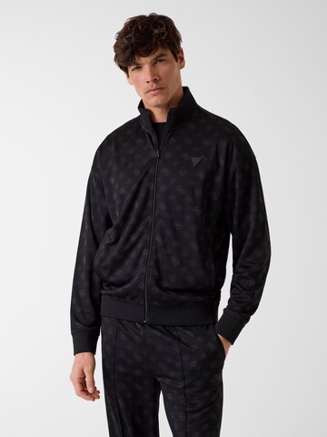 GUESS Zip-Up Hoodie in Black: front