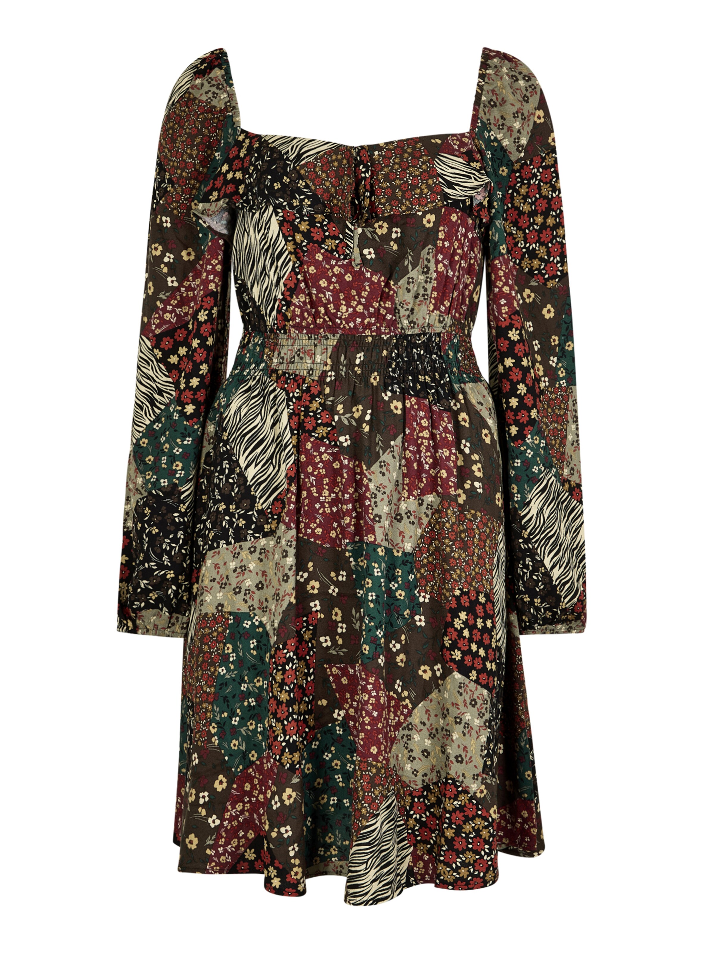 Apricot Patchwork Print Boho Mini Dress ' ' in Braun: Vorderseite