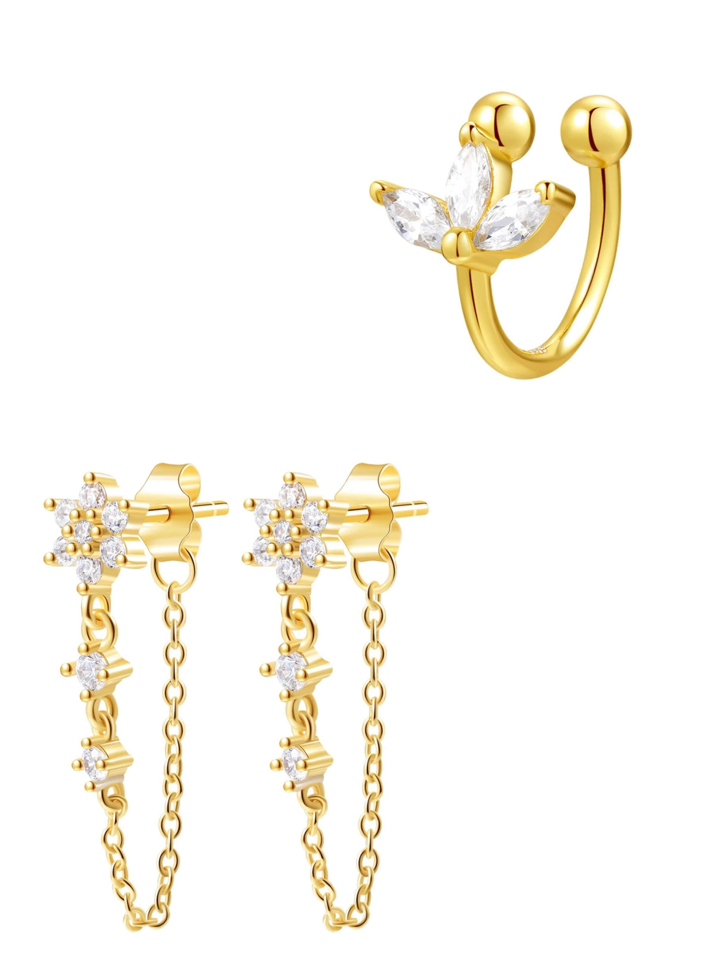 Hey Happiness Oorbellen 'Bloom Chain Stud Earrings & Blossom Ear Cuff Set' in Goud