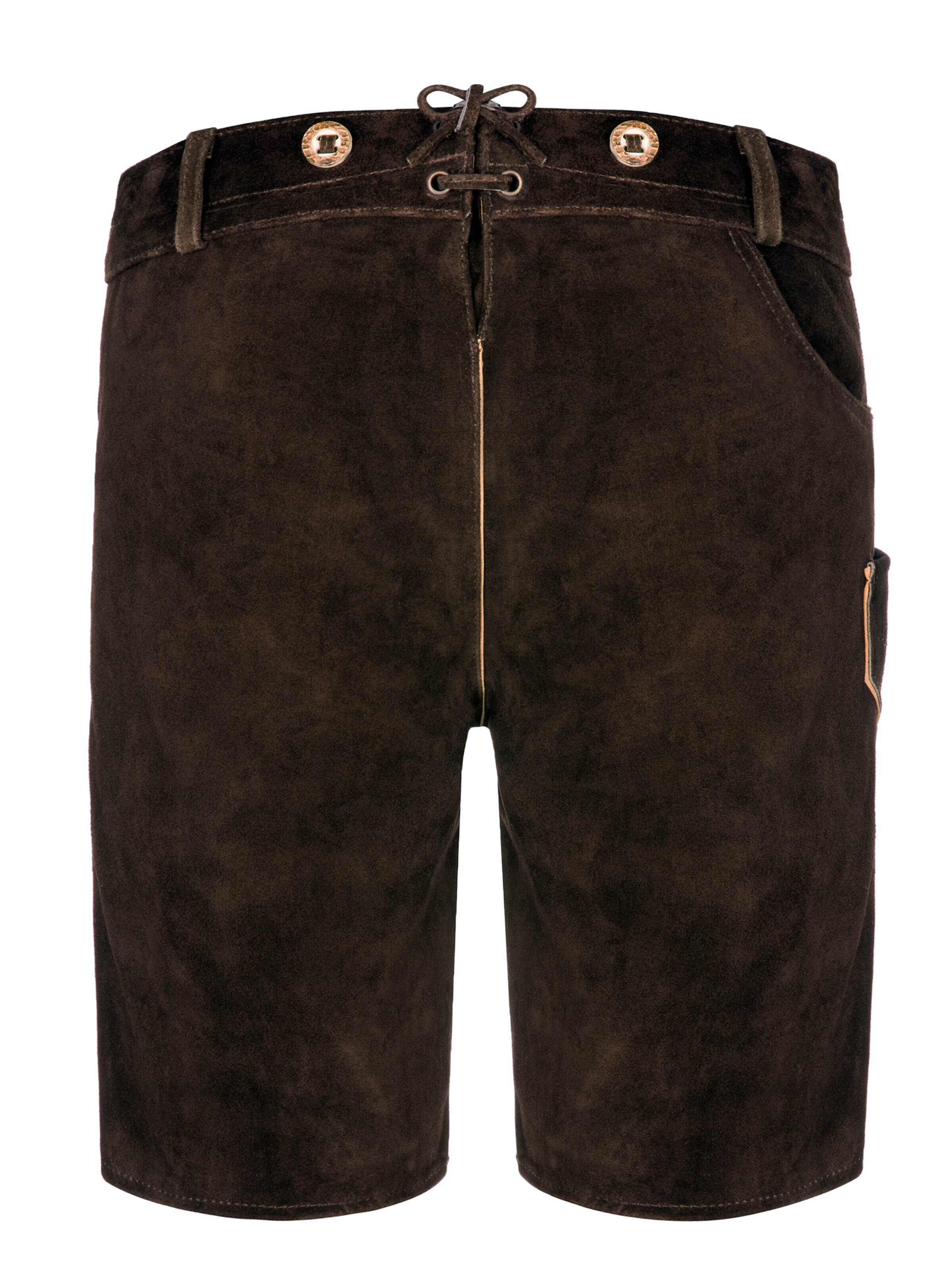 Almbock Skinny Traditional pants 'Trachtenlederhose kurz Leo dunkelbraun' in Brown