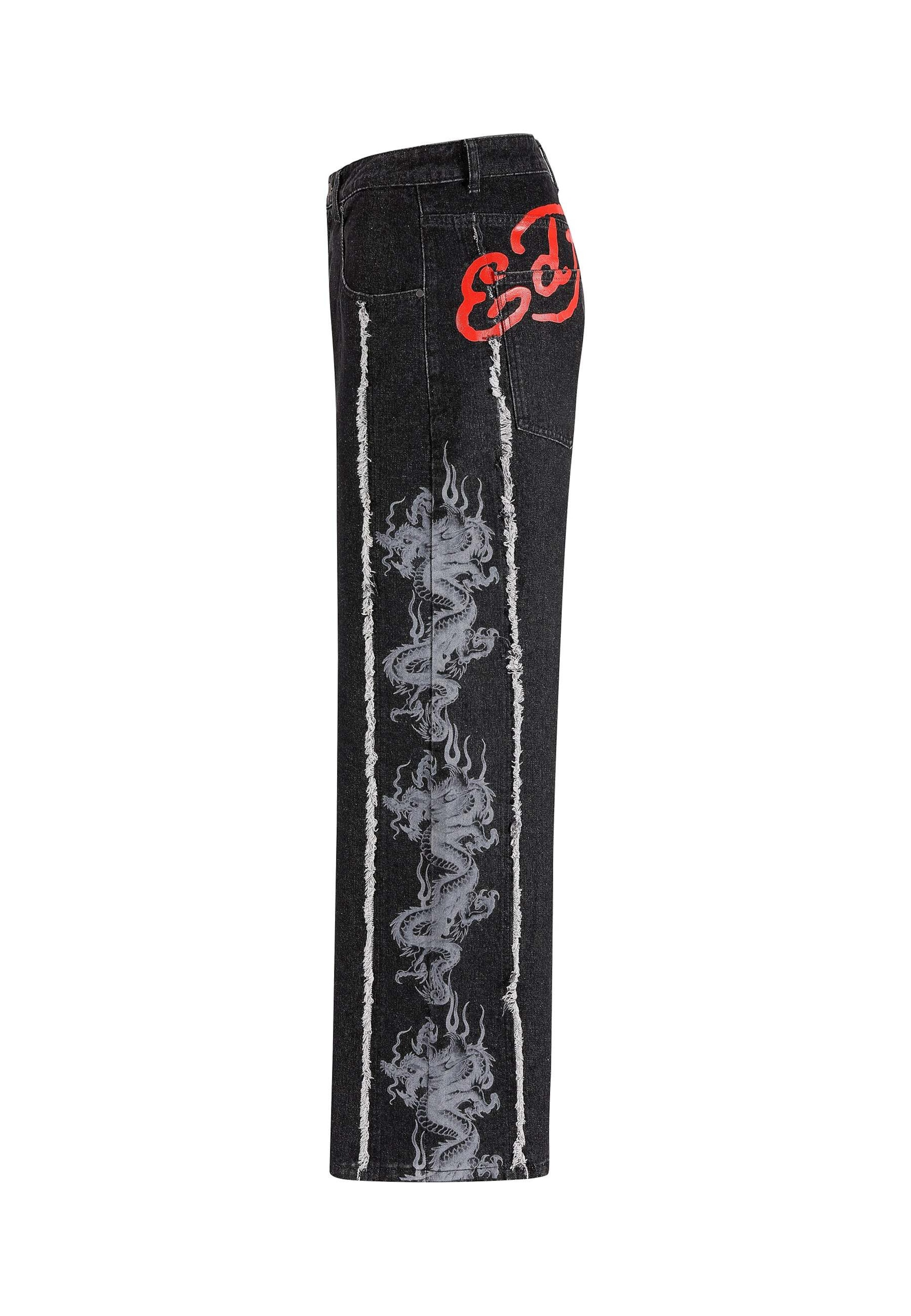 Ed Hardy - Loosefit Vaquero 'Dragon Raw Seam' en negro