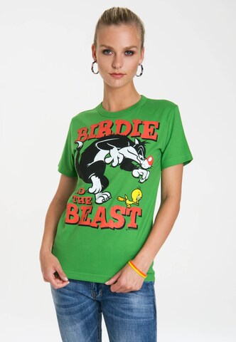 LOGOSHIRT T-Shirt 'Looney Tunes – Sylvester & Tweety' in Grün: predná strana
