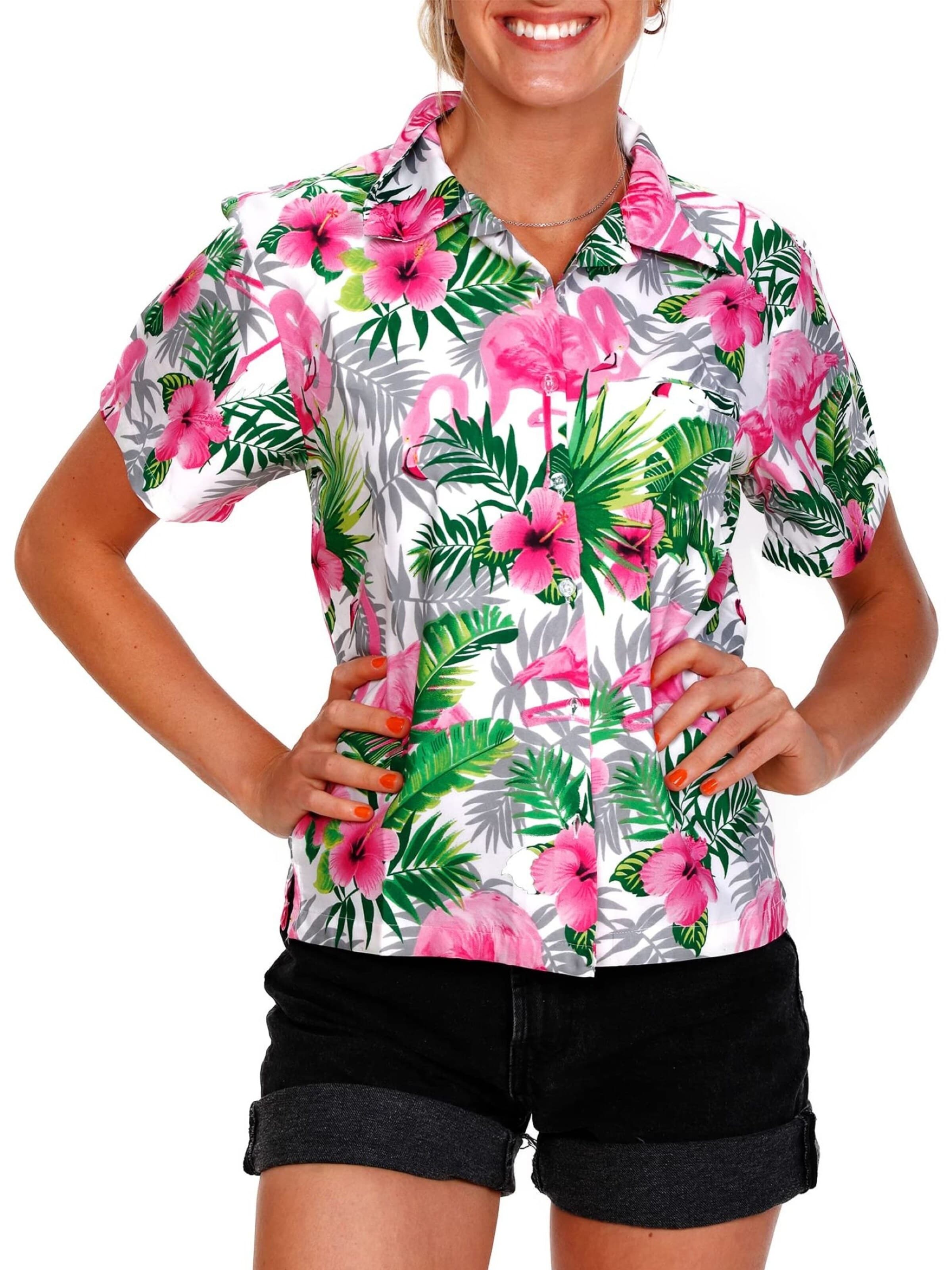 Camicia da donna 'Flamingo Flowers' di King Kameha in bianco: frontale