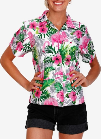 Camicia da donna 'Flamingo Flowers' di King Kameha in bianco: frontale