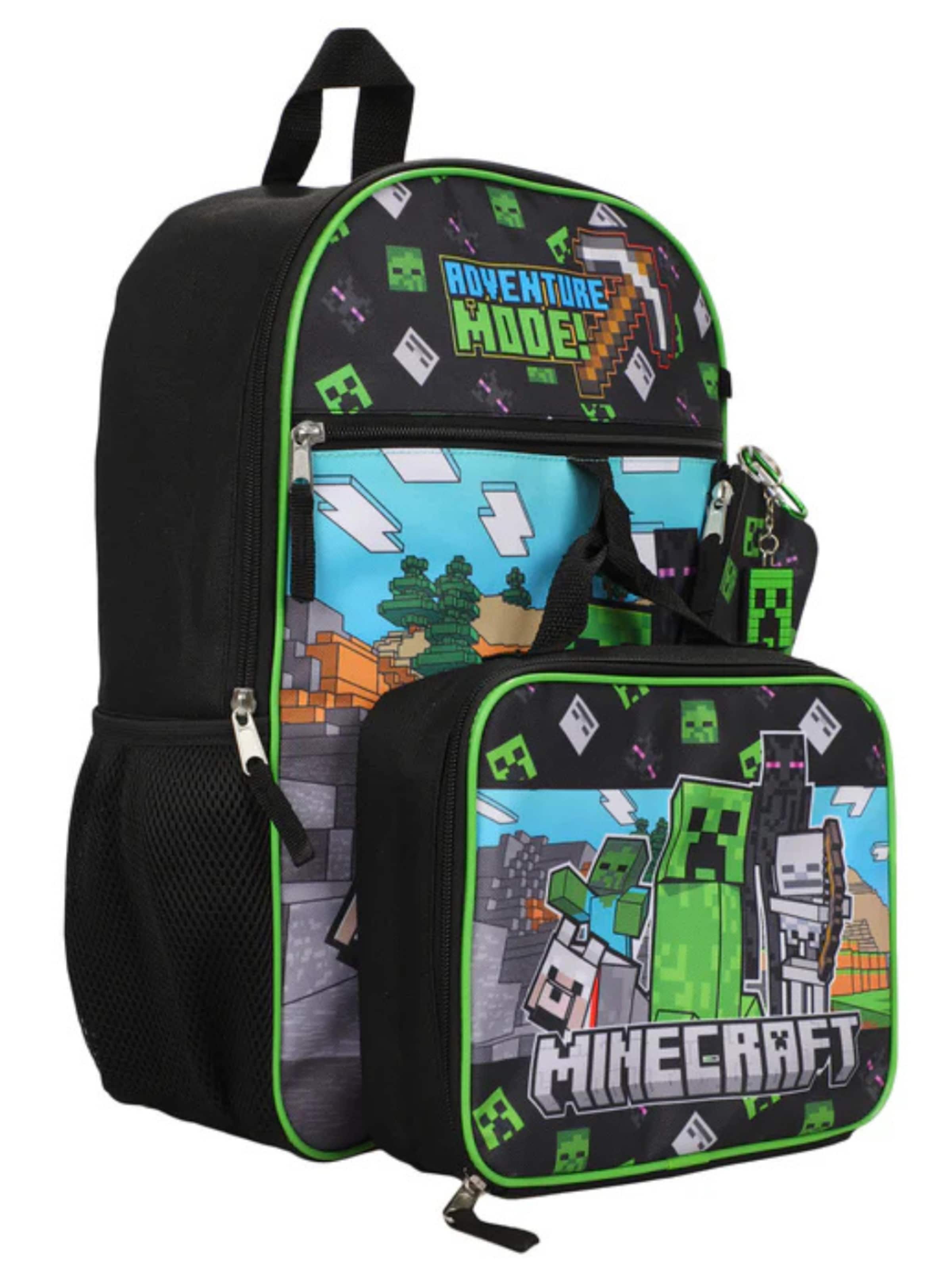 Minecraft Backpack 'Minecraft Backpack Kids Set – Creeper – Black/Green – School Bag with Lunchbox, Pencil Case & Keychain' in Green: front