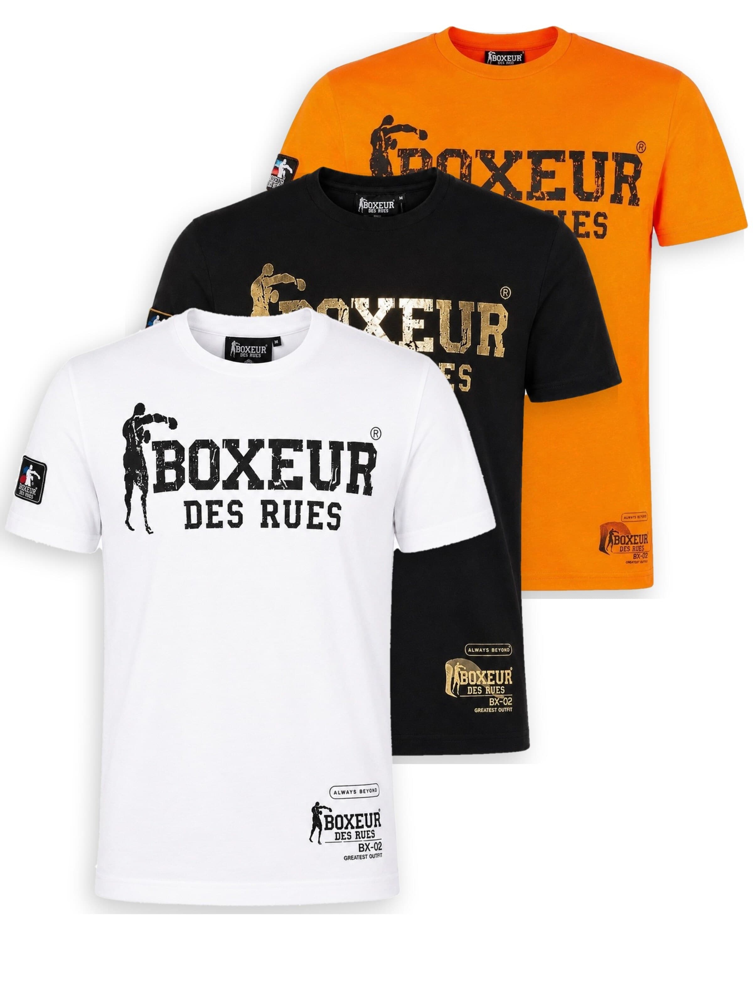 Boxeur des Rues Shirt 'Herren T-Shirt 3er-Pack Boxeur des Rues Slim Fit: Weiß, Schwarzes Logo + Schwarz, Goldenes Logo + Orange'‌‌‌‌‌‌ in M in mischfarben, Produktansicht