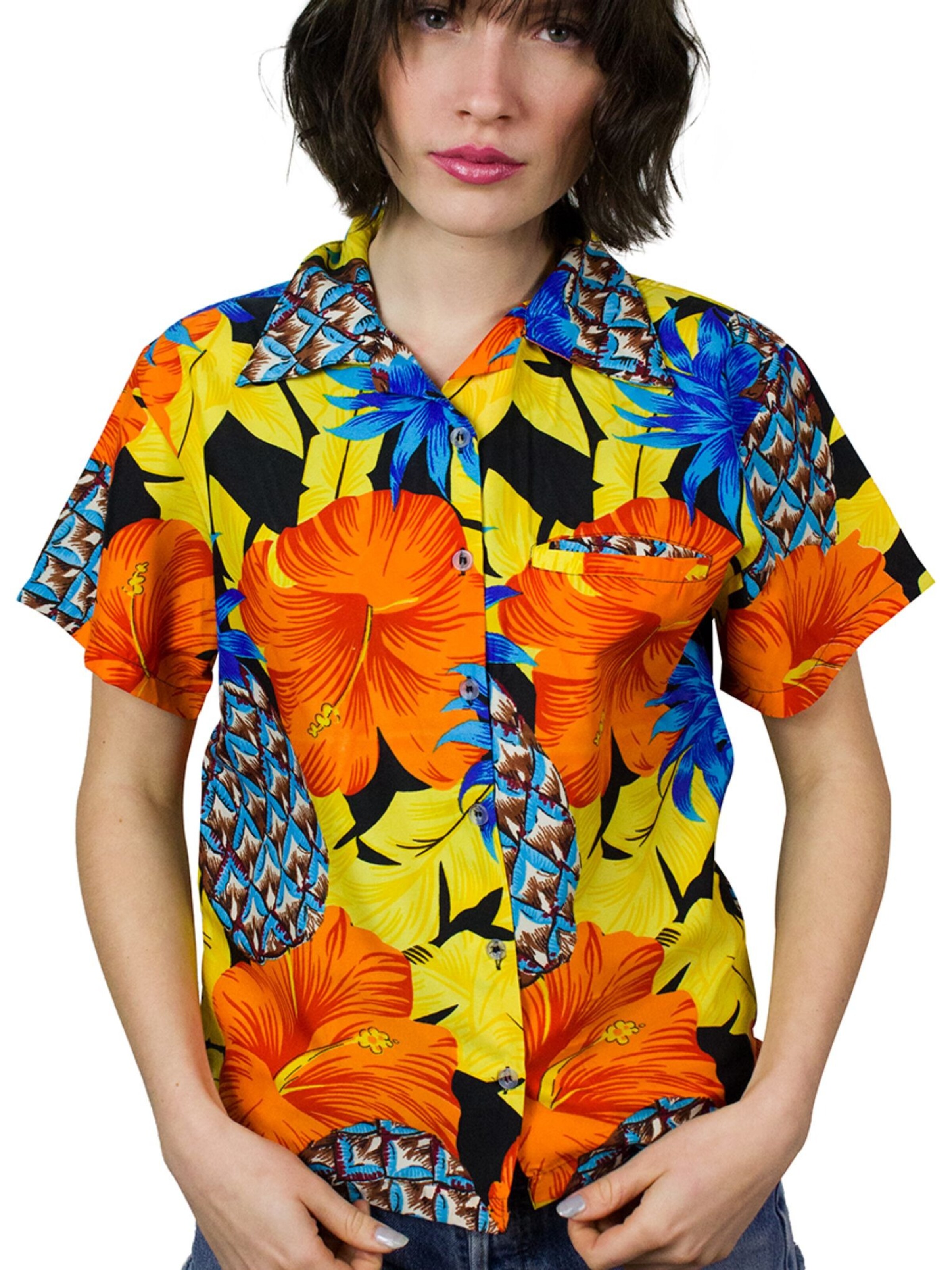 King Kameha Bluse 'Pineapple Hibiscus Black Line'‌‌‌‌ in Gelb: Vorderseite