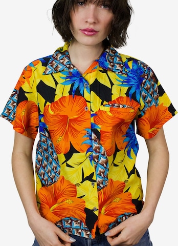 King Kameha Bluse 'Pineapple Hibiscus Black Line' in Gelb: Vorderseite