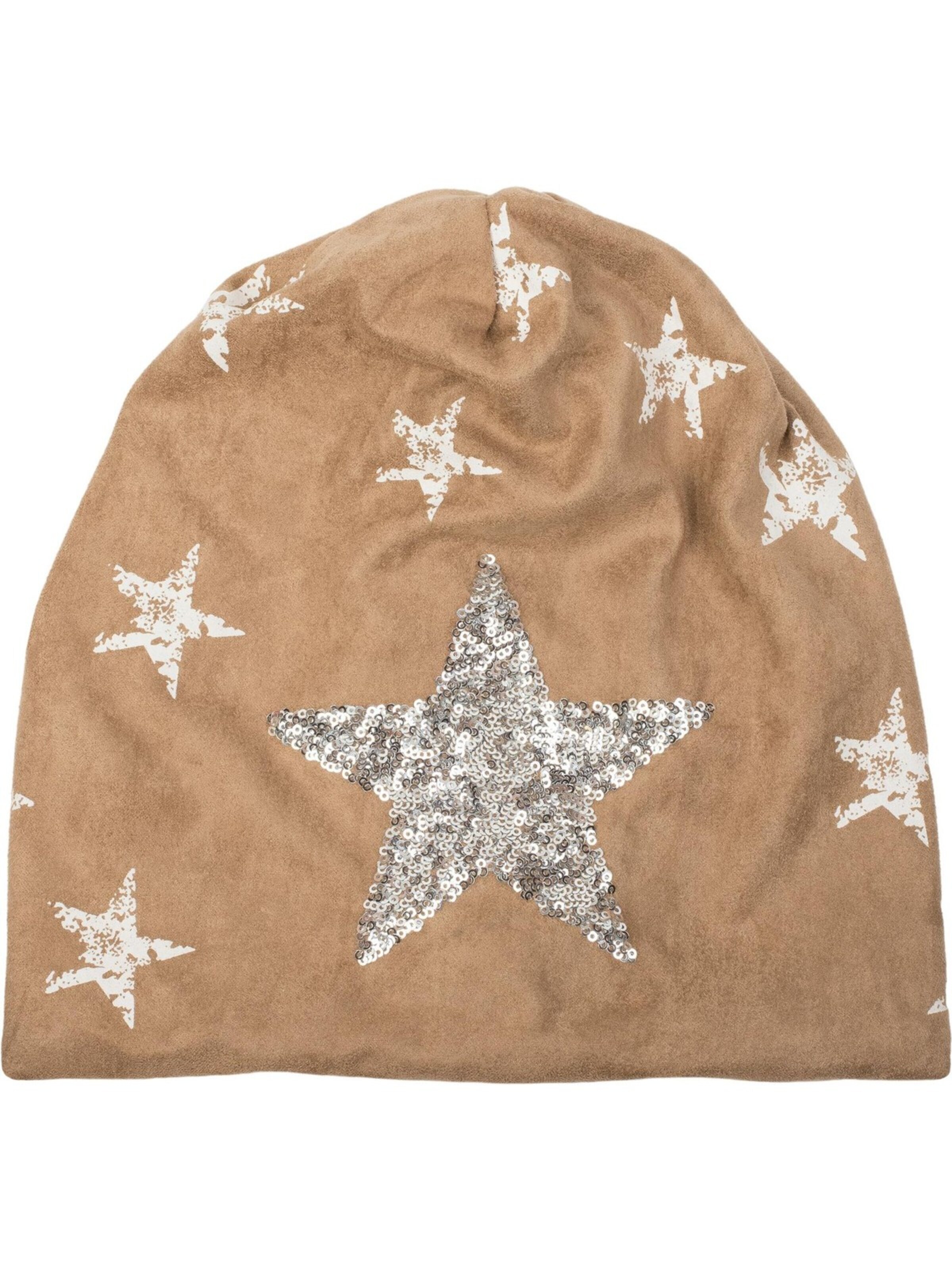 styleBREAKER Mütze 'Beanie in Veloursleder Optik mit Pailletten Stern'‌‌‌‌‌‌‌‌‌‌ in Braun