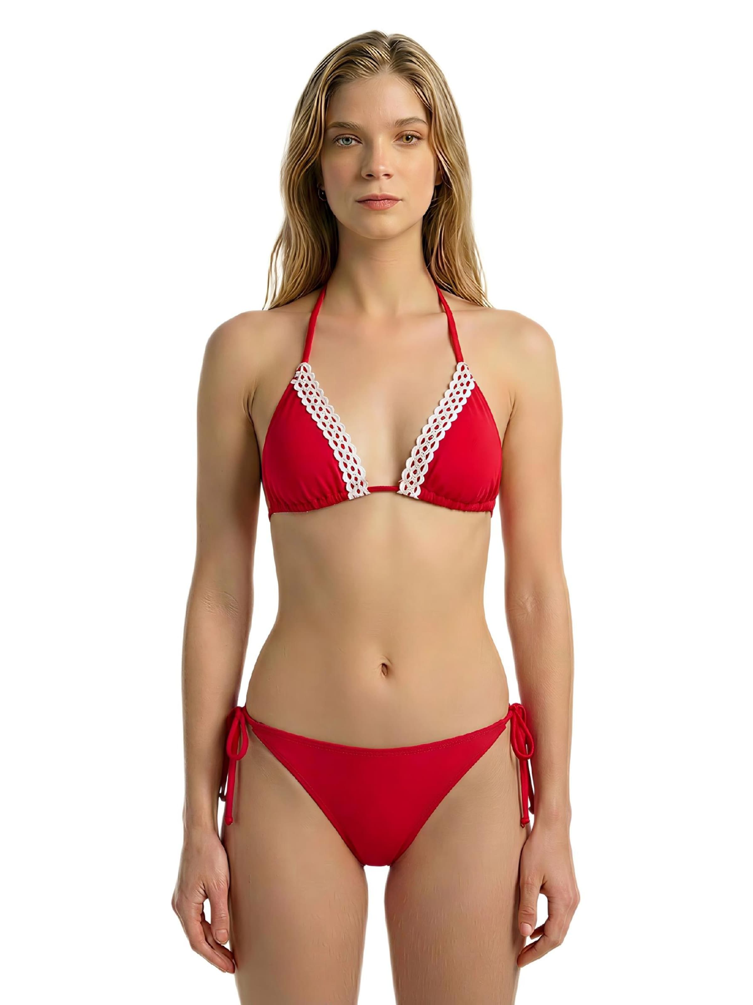BONVERANO Classic Bikini 'Damen Bikini Set rot mit Spitze und Bindeband' in Red: front