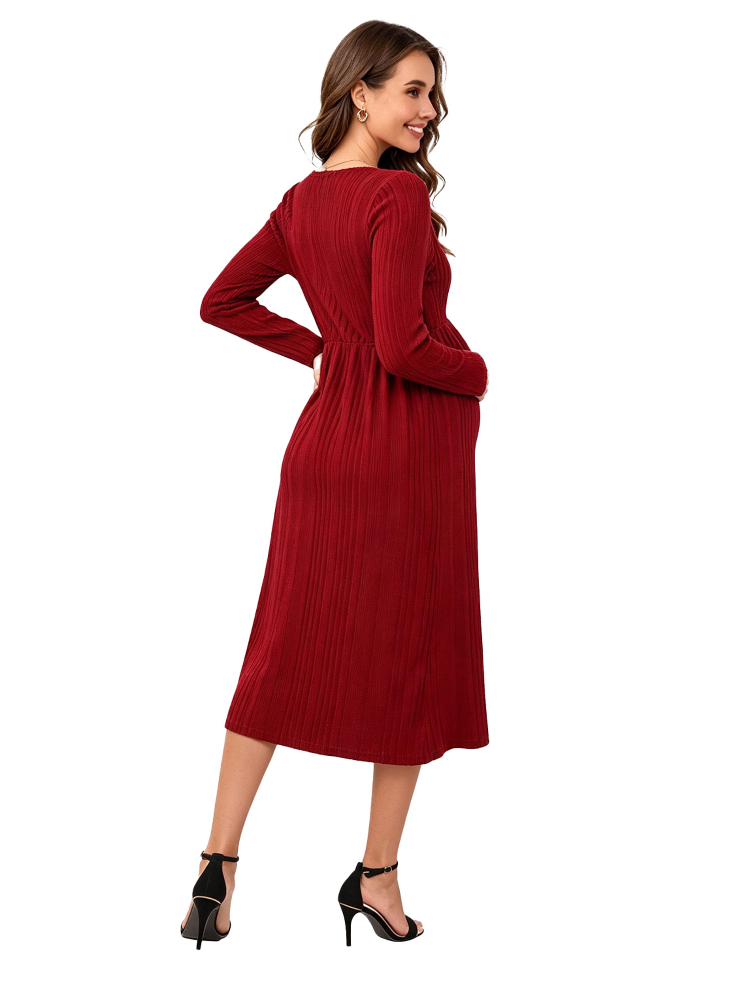 KoJooin Sukienka z dzianiny 'Damen Umstands-Strickkleid mit U-Ausschnitt,langen Ärmeln und Rüschensaum,Midi-Kleid für Babyshower' w kolorze czerwony