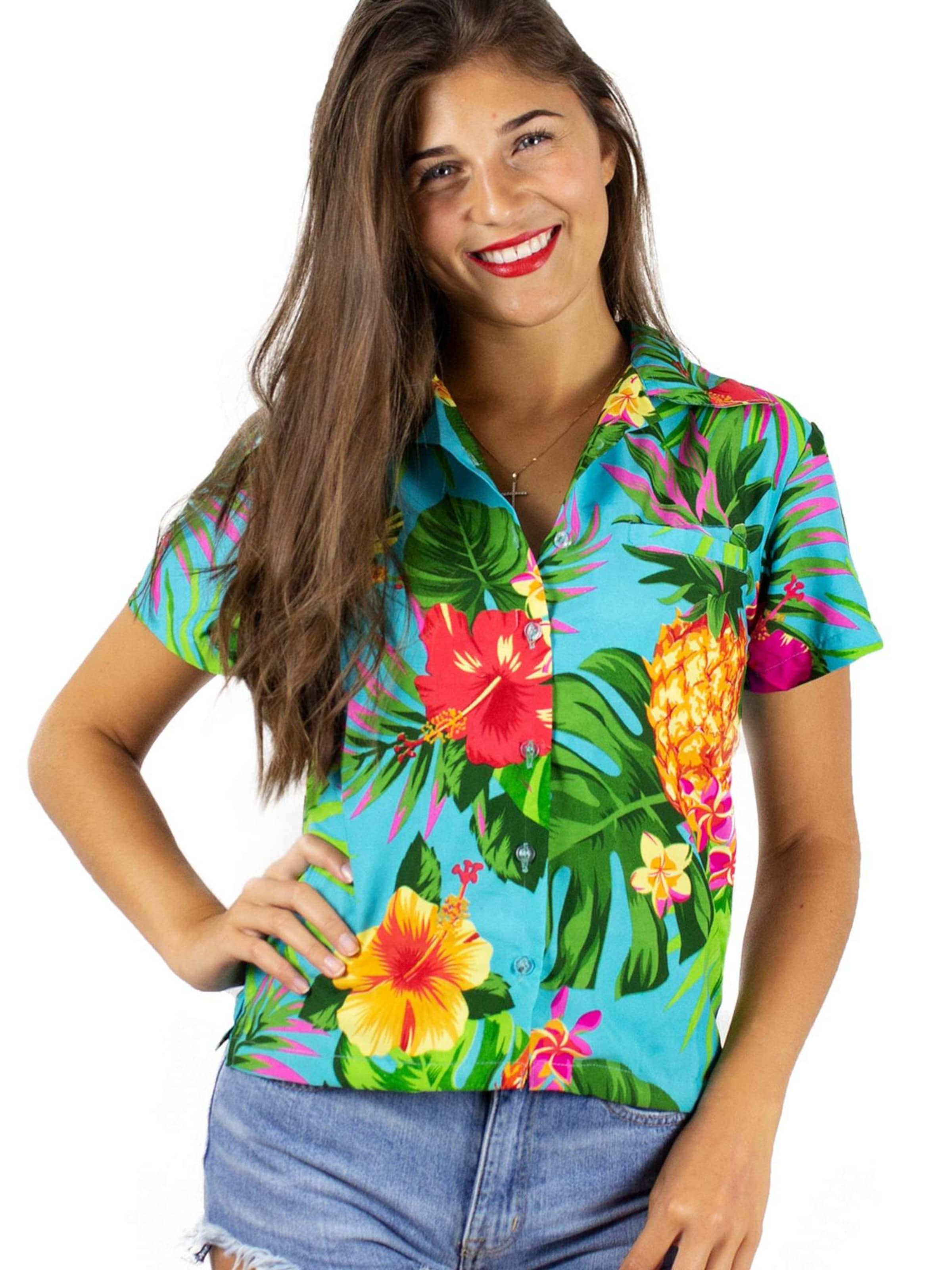 King Kameha Blouse 'Pineapple' in Blue: front