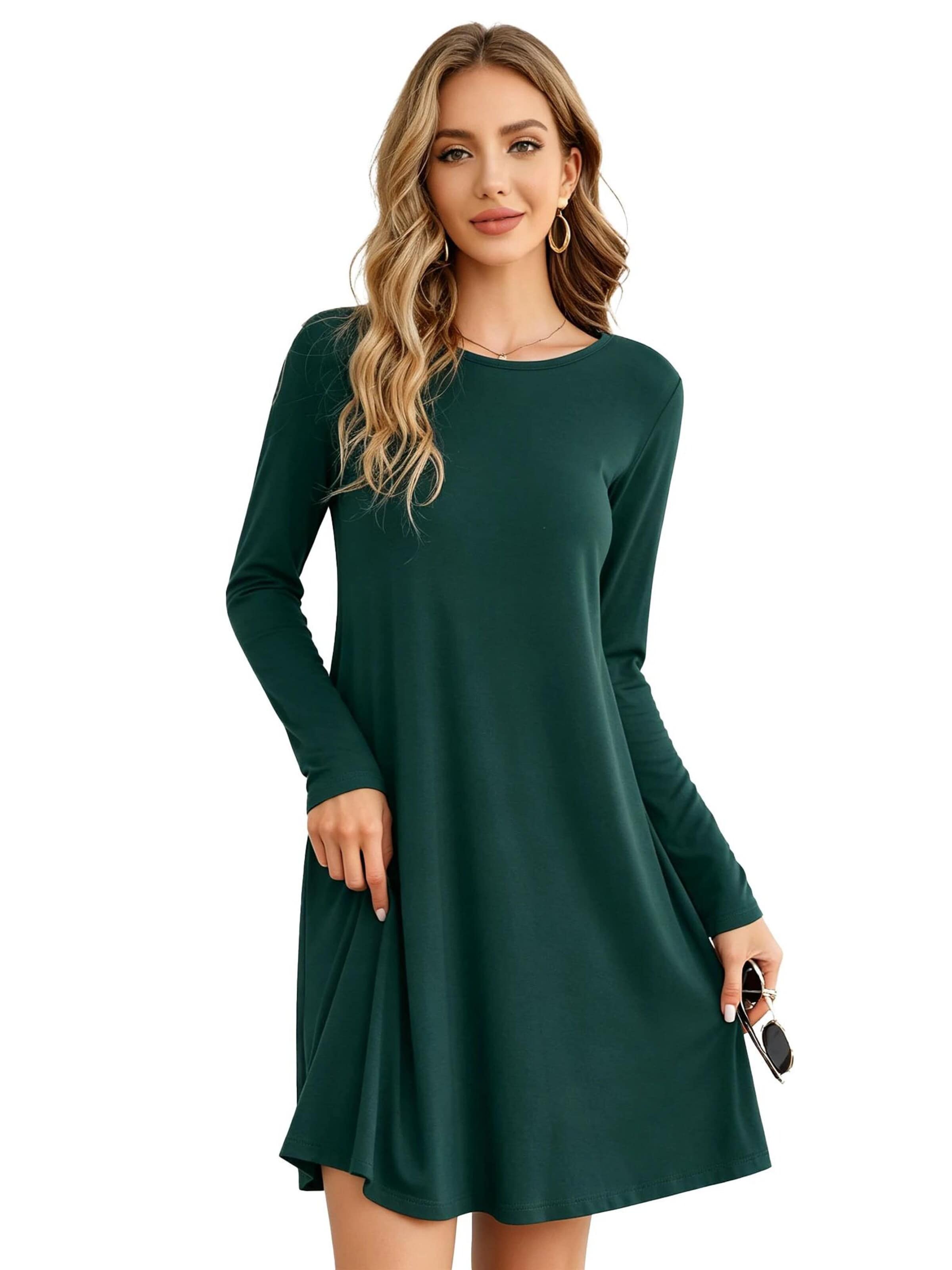 KoJooin Sukienka 'Damen A-Linien Kleid Langarm Rundhals Lässiges T-Shirt-Kleid für Freizeit und legere Bürotage' w kolorze zielony